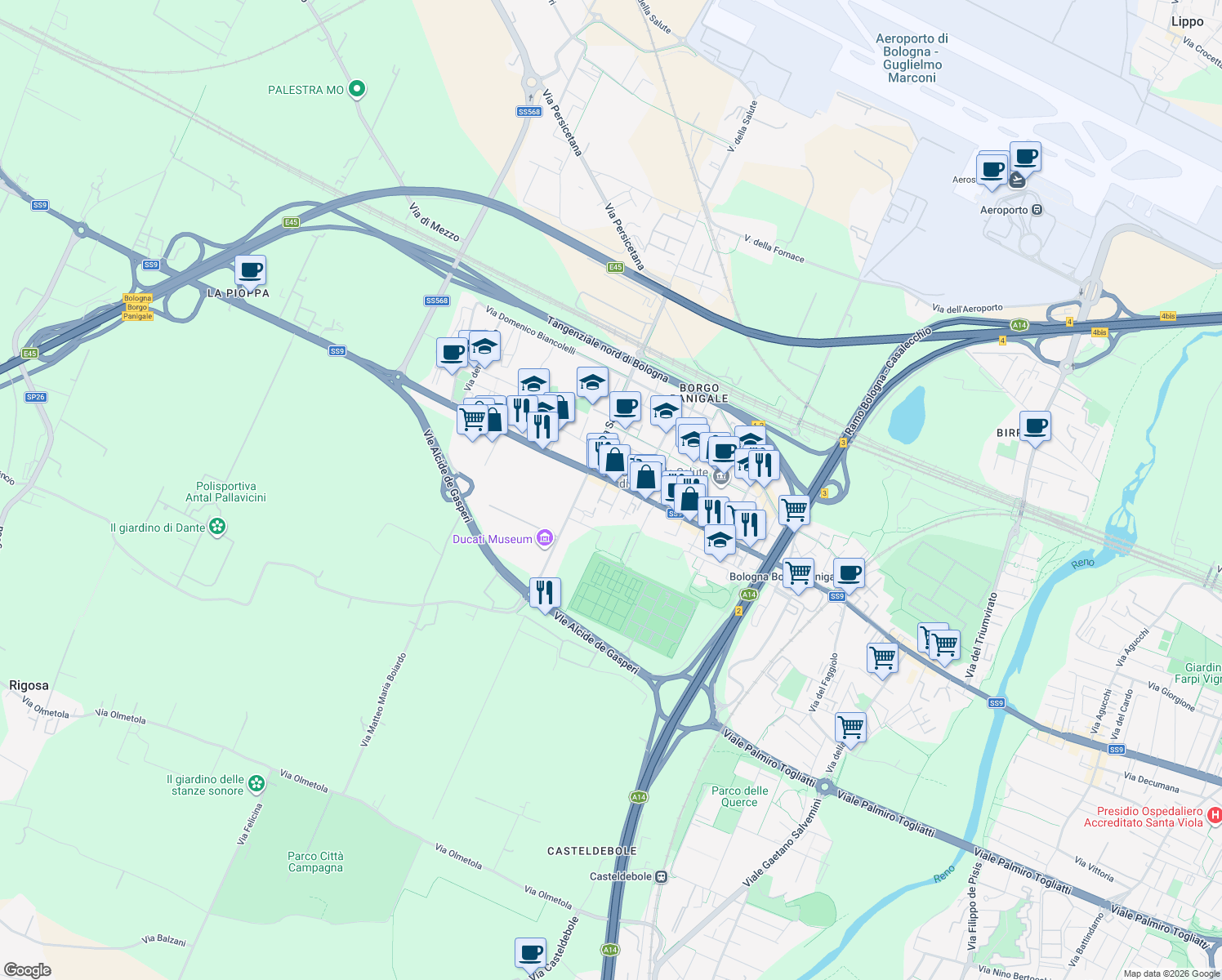 map of restaurants, bars, coffee shops, grocery stores, and more near 108 Via Marco Emilio Lepido in Bologna