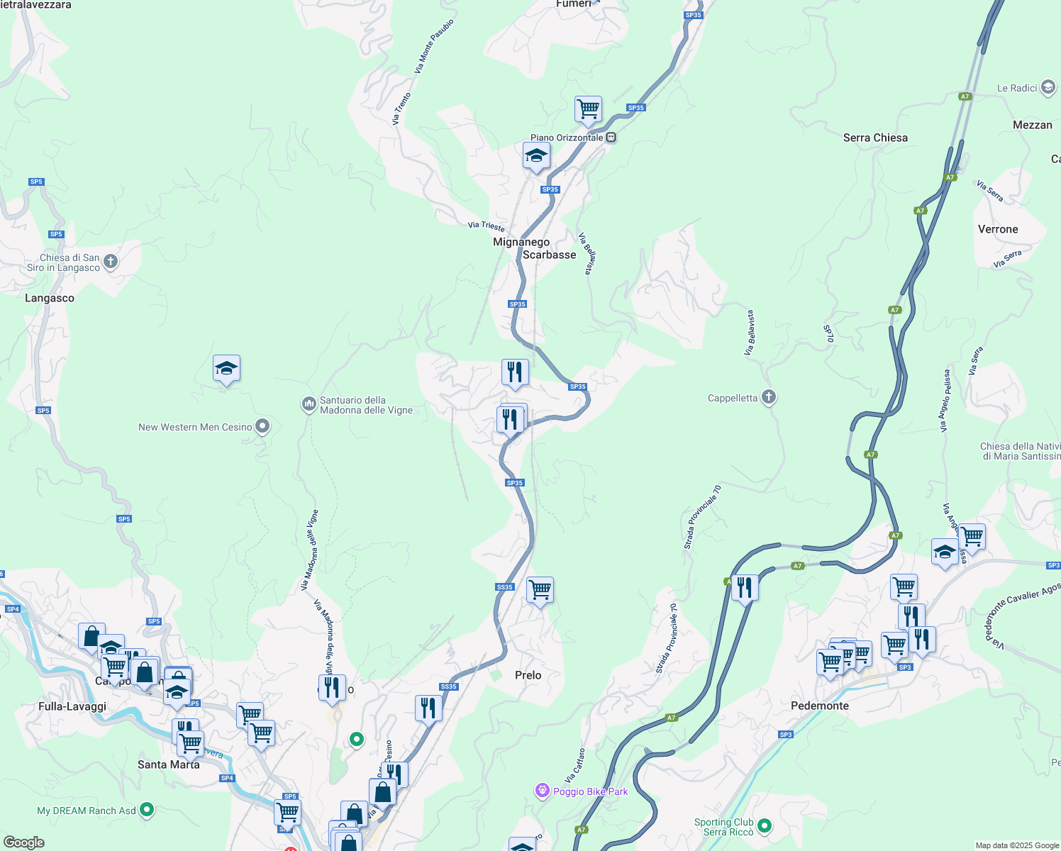 map of restaurants, bars, coffee shops, grocery stores, and more near 86 Strada Provinciale 35 dei Giovi in Mignanego