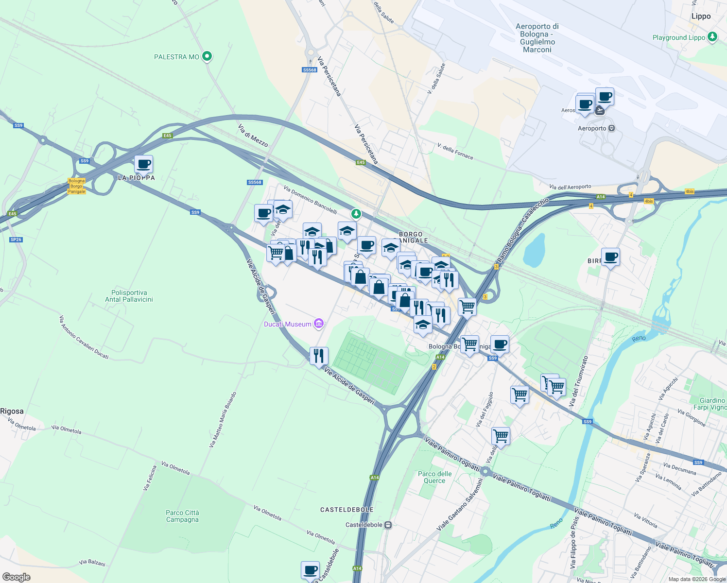 map of restaurants, bars, coffee shops, grocery stores, and more near 108 Via Marco Emilio Lepido in Bologna