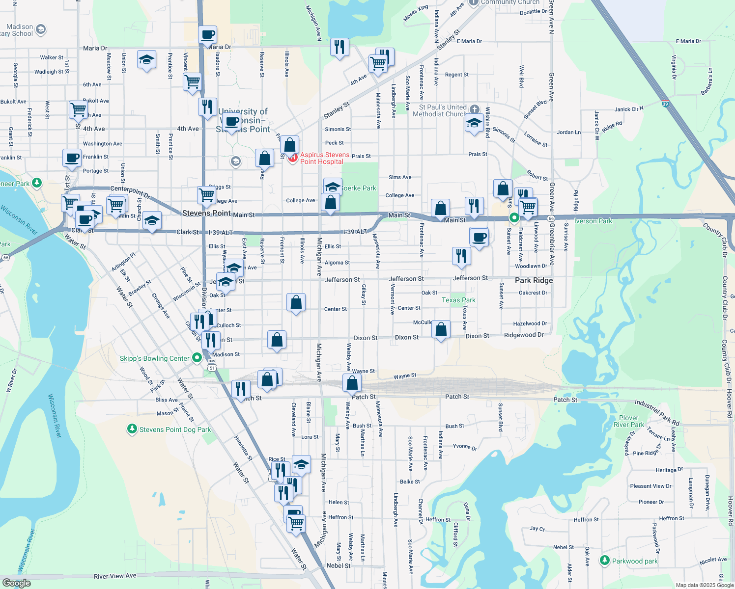 map of restaurants, bars, coffee shops, grocery stores, and more near 1833 Gilkay Street in Stevens Point