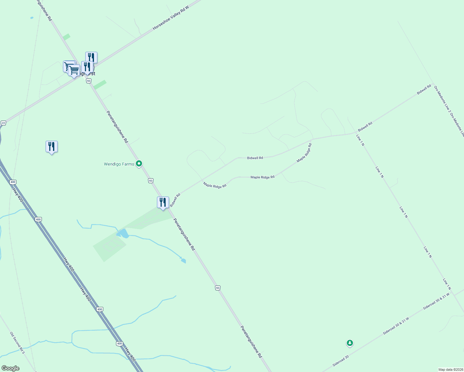map of restaurants, bars, coffee shops, grocery stores, and more near 17 Maple Ridge Road in Shanty Bay