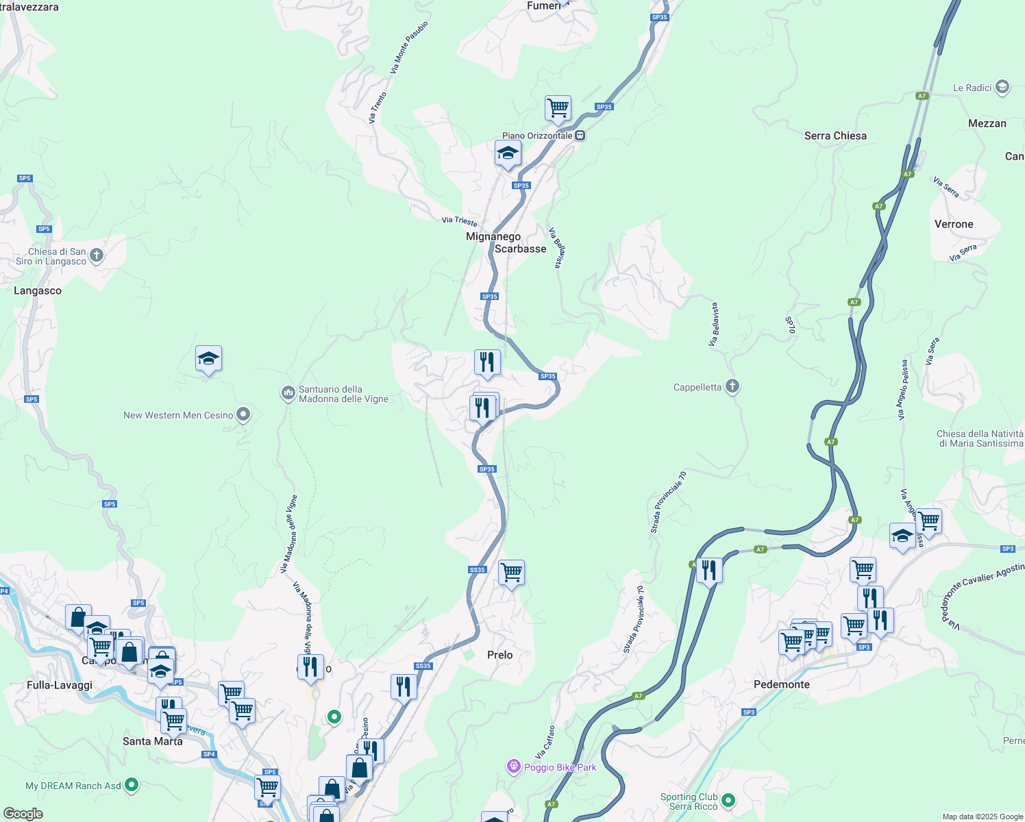 map of restaurants, bars, coffee shops, grocery stores, and more near 86 Strada Provinciale 35 dei Giovi in Mignanego