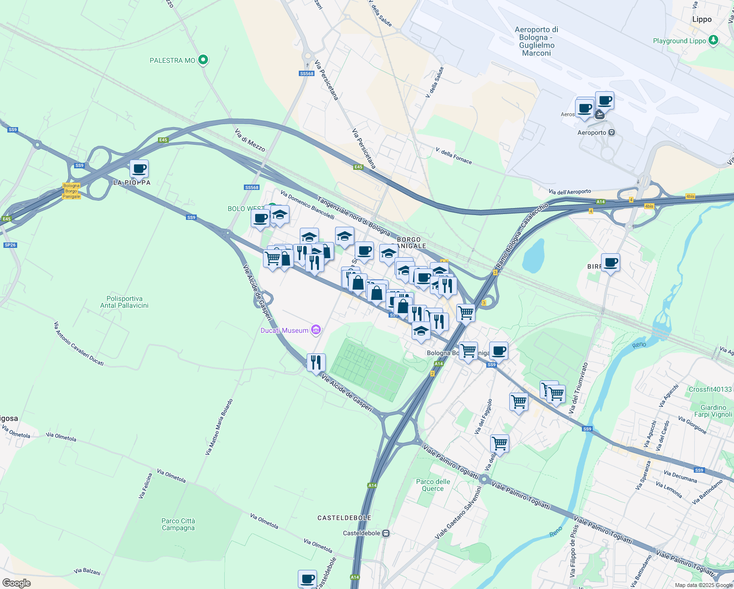 map of restaurants, bars, coffee shops, grocery stores, and more near 108 Via Marco Emilio Lepido in Bologna