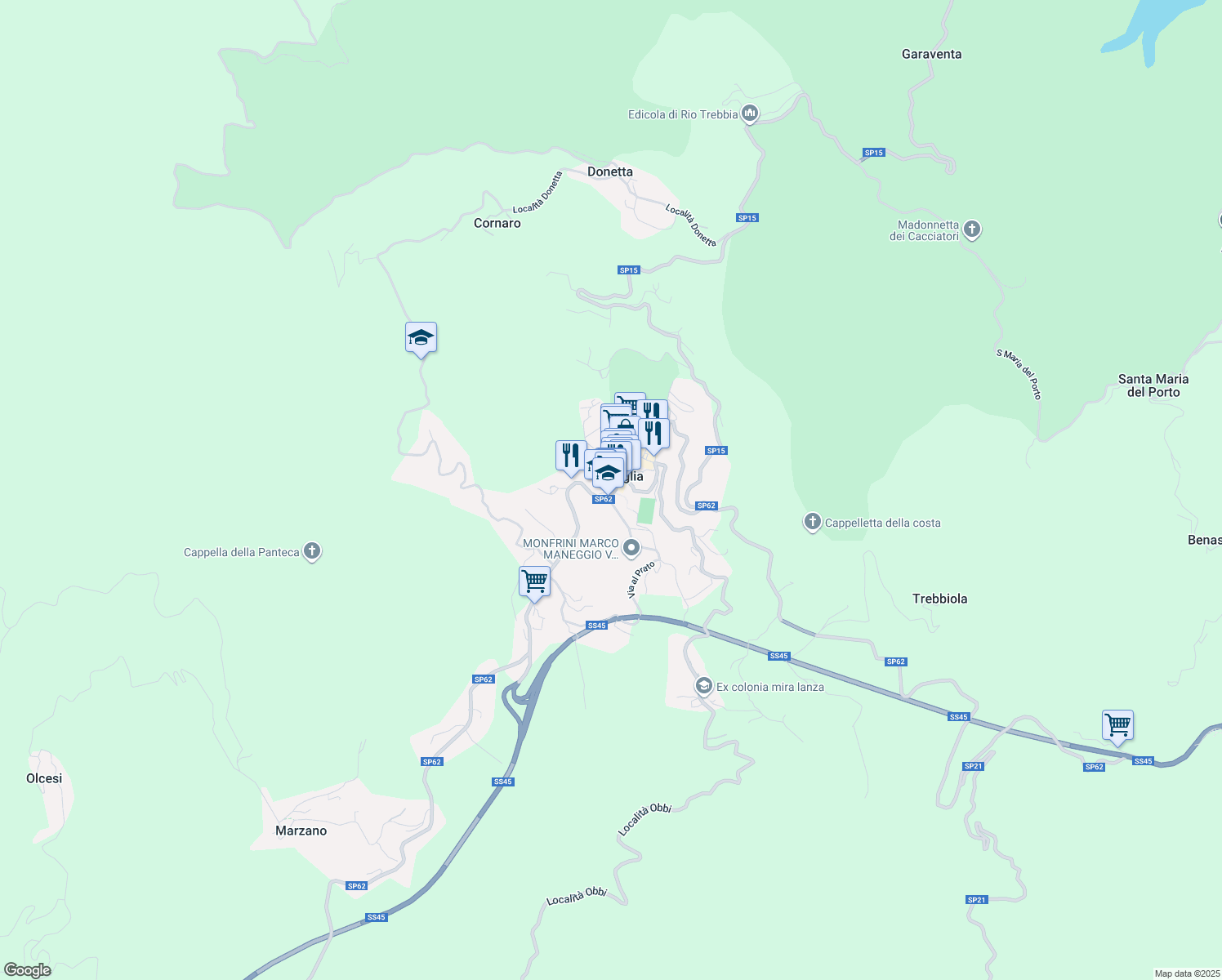map of restaurants, bars, coffee shops, grocery stores, and more near 26B Via Provvidenza in Torriglia