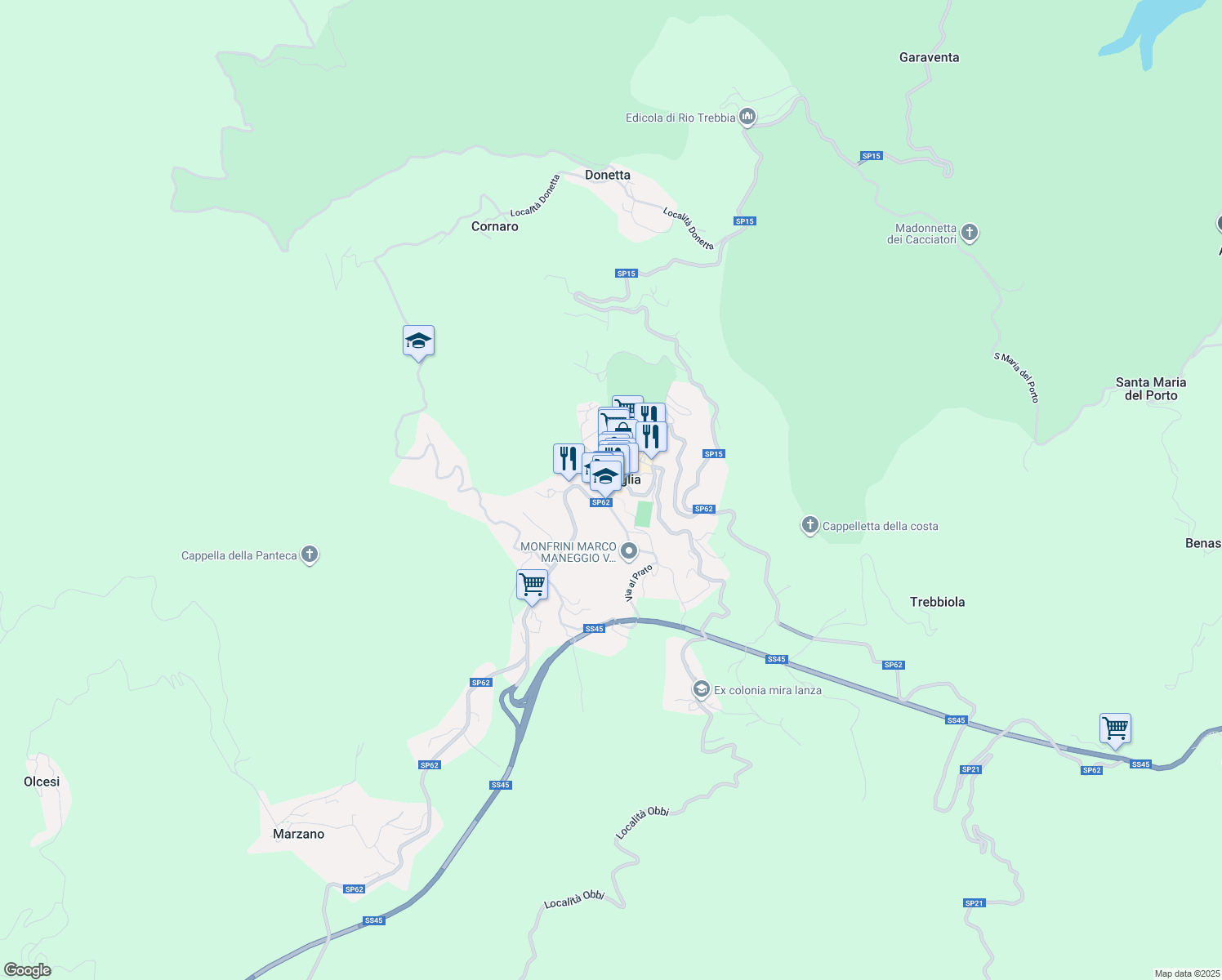 map of restaurants, bars, coffee shops, grocery stores, and more near 26B Via Provvidenza in Torriglia