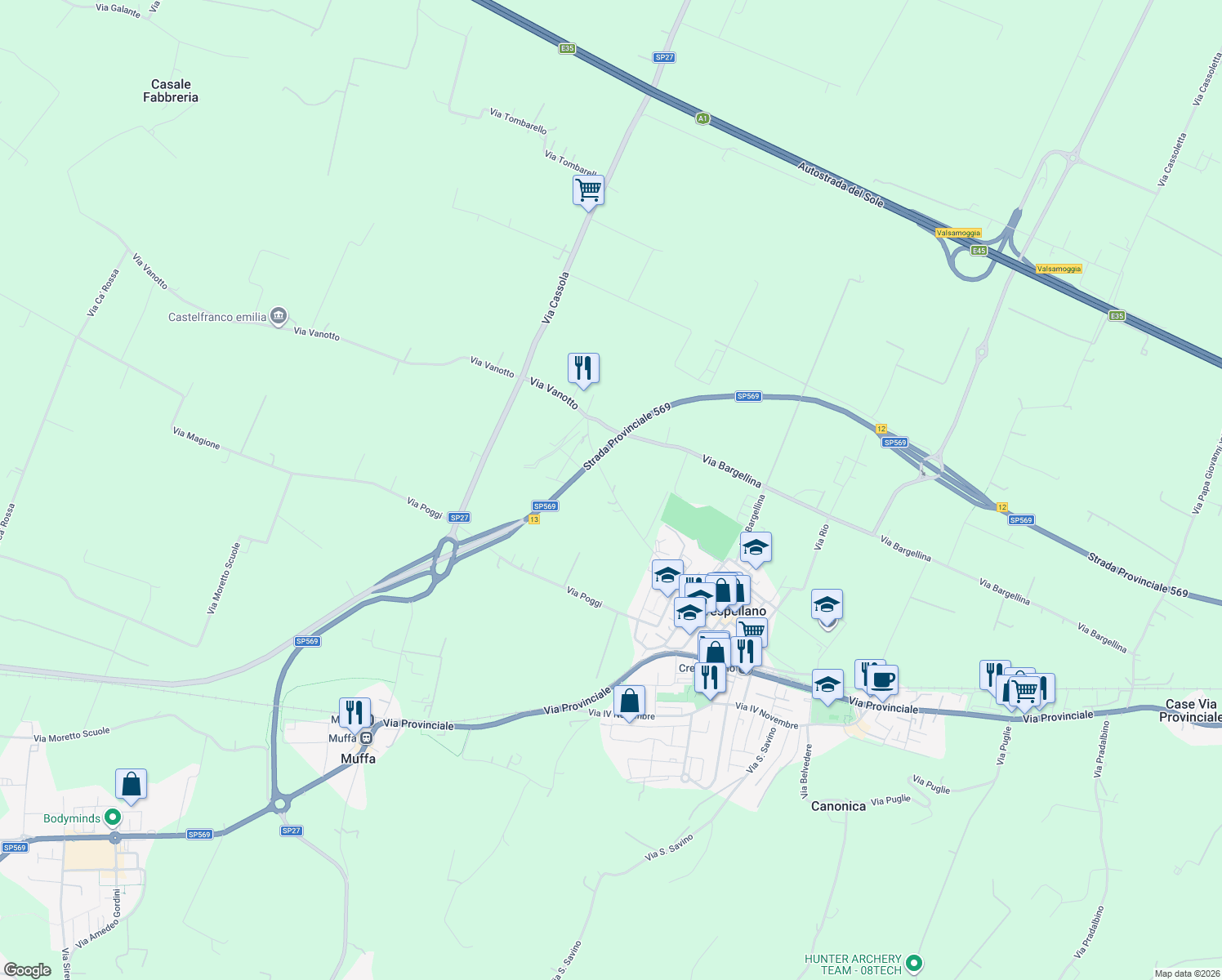 map of restaurants, bars, coffee shops, grocery stores, and more near 7 A Via Vanotto in Crespellano