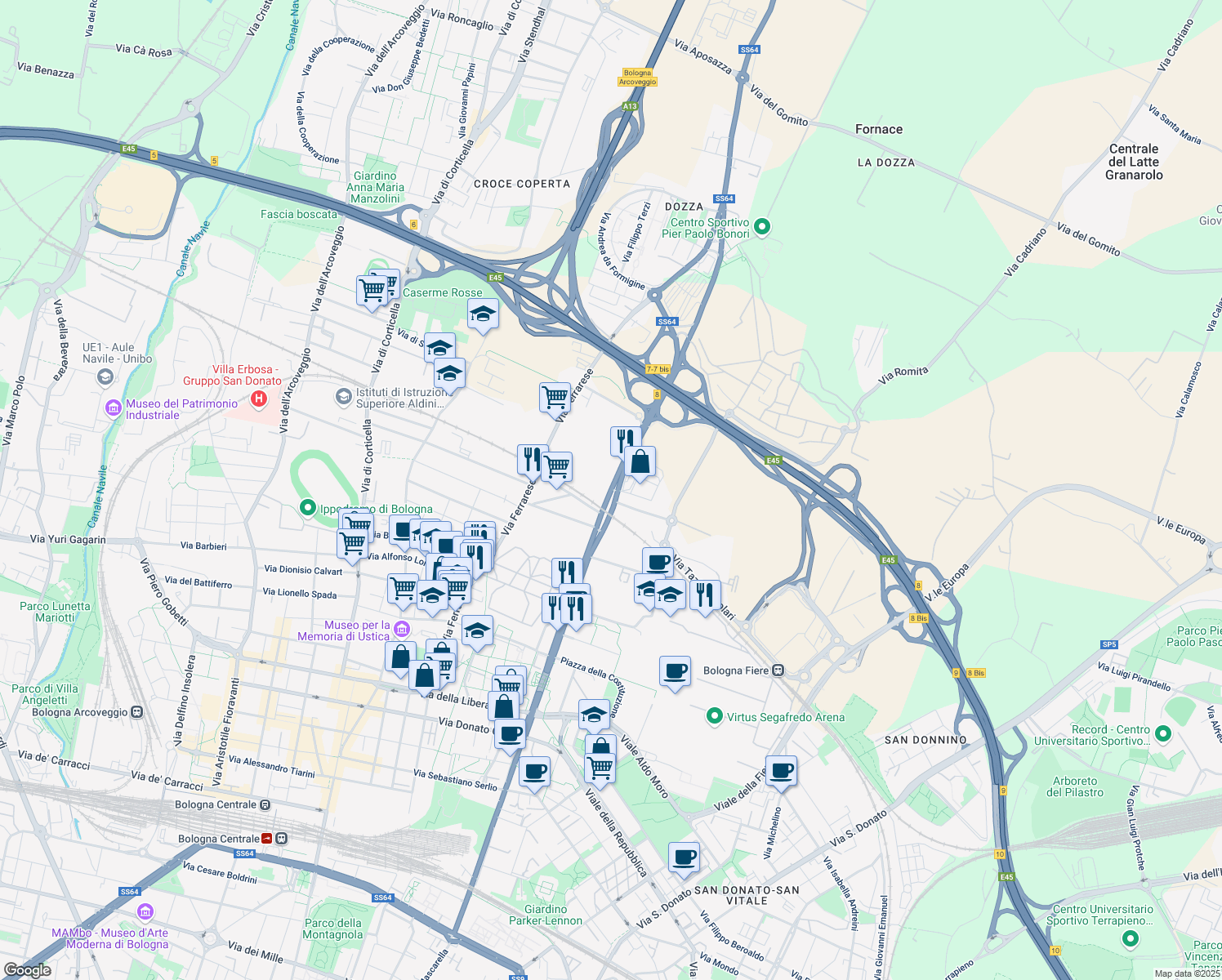 map of restaurants, bars, coffee shops, grocery stores, and more near 88 Via Stalingrado in Bologna