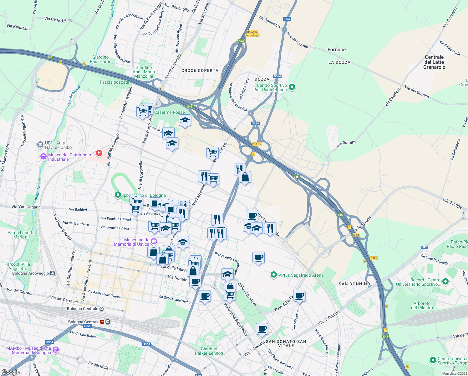 map of restaurants, bars, coffee shops, grocery stores, and more near 88 Via Stalingrado in Bologna