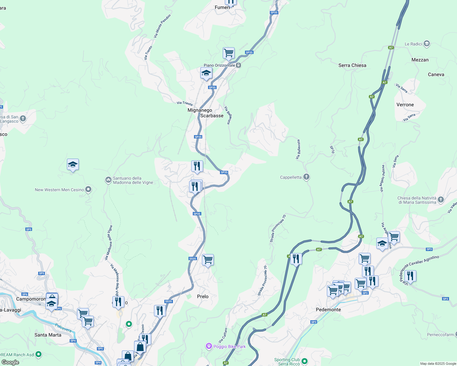 map of restaurants, bars, coffee shops, grocery stores, and more near 14 Via Papa Giovanni XXIII in Mignanego