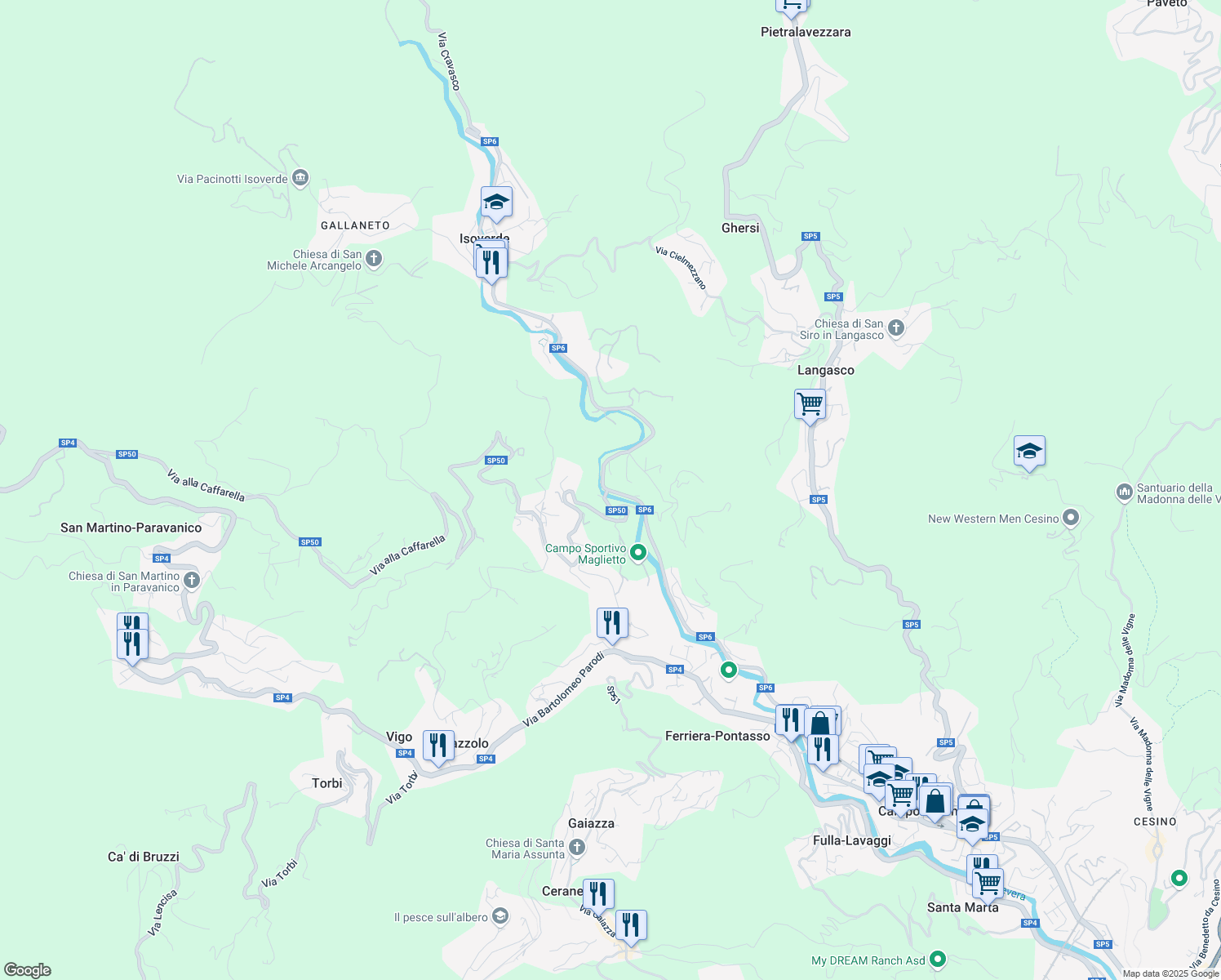 map of restaurants, bars, coffee shops, grocery stores, and more near 74 SP6 in Campomorone