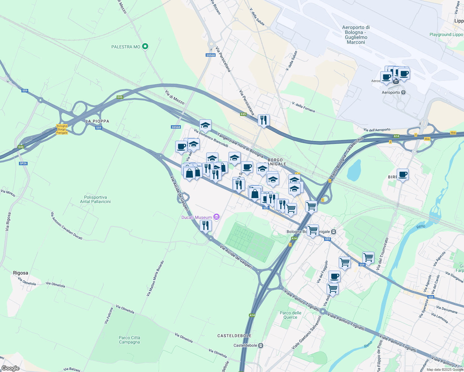 map of restaurants, bars, coffee shops, grocery stores, and more near 1-19 Via Martin Luther King in Bologna