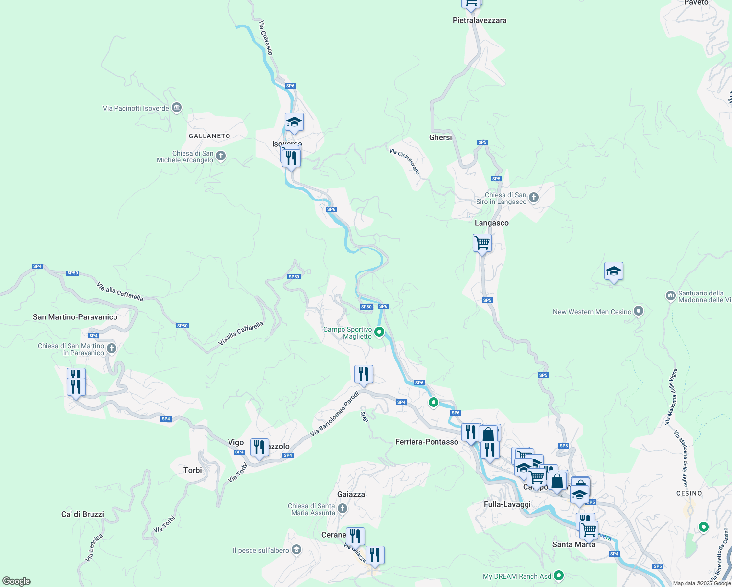 map of restaurants, bars, coffee shops, grocery stores, and more near 74 Strada Provinciale 6 in Campomorone