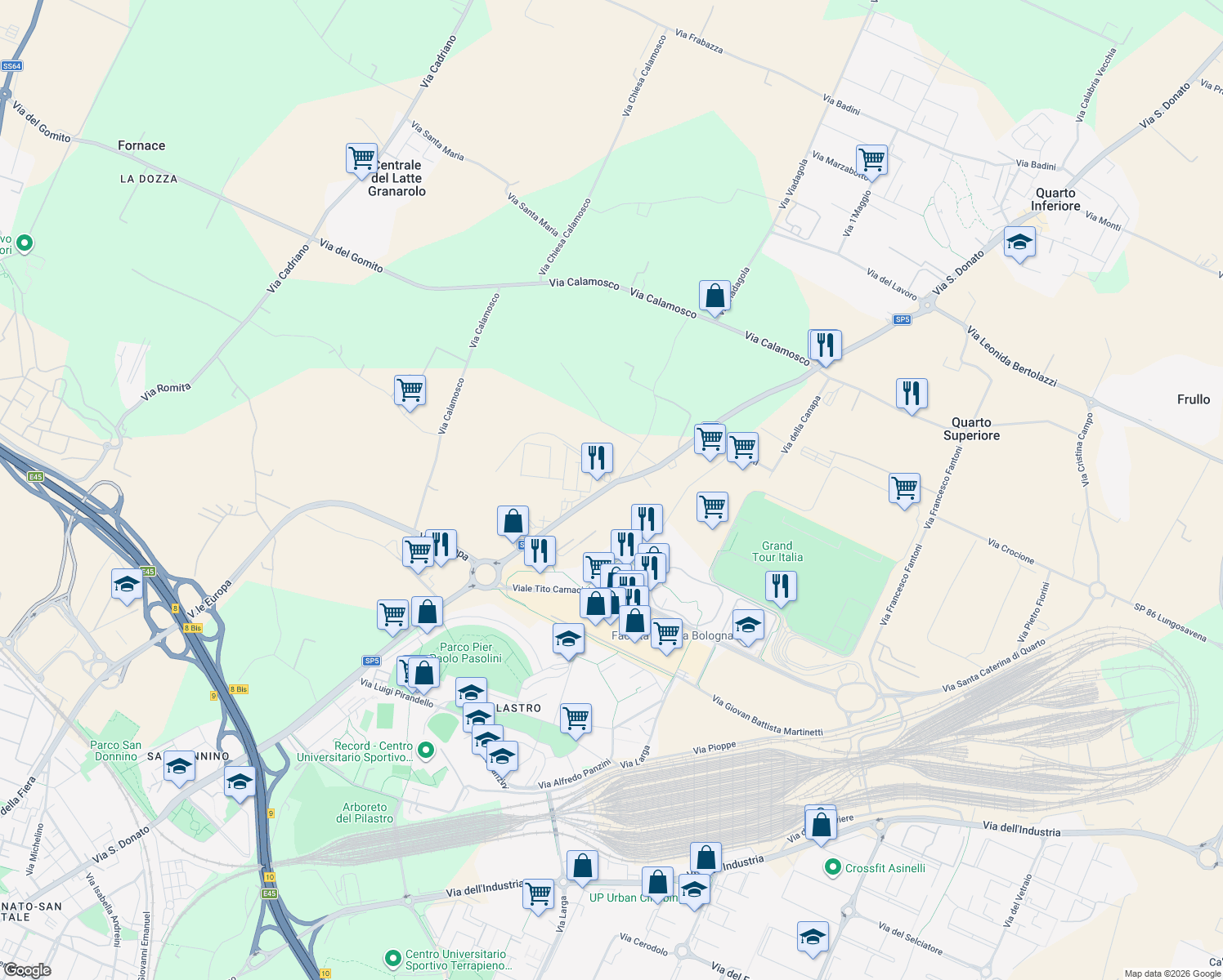 map of restaurants, bars, coffee shops, grocery stores, and more near 20 Via Viadagola in Bologna