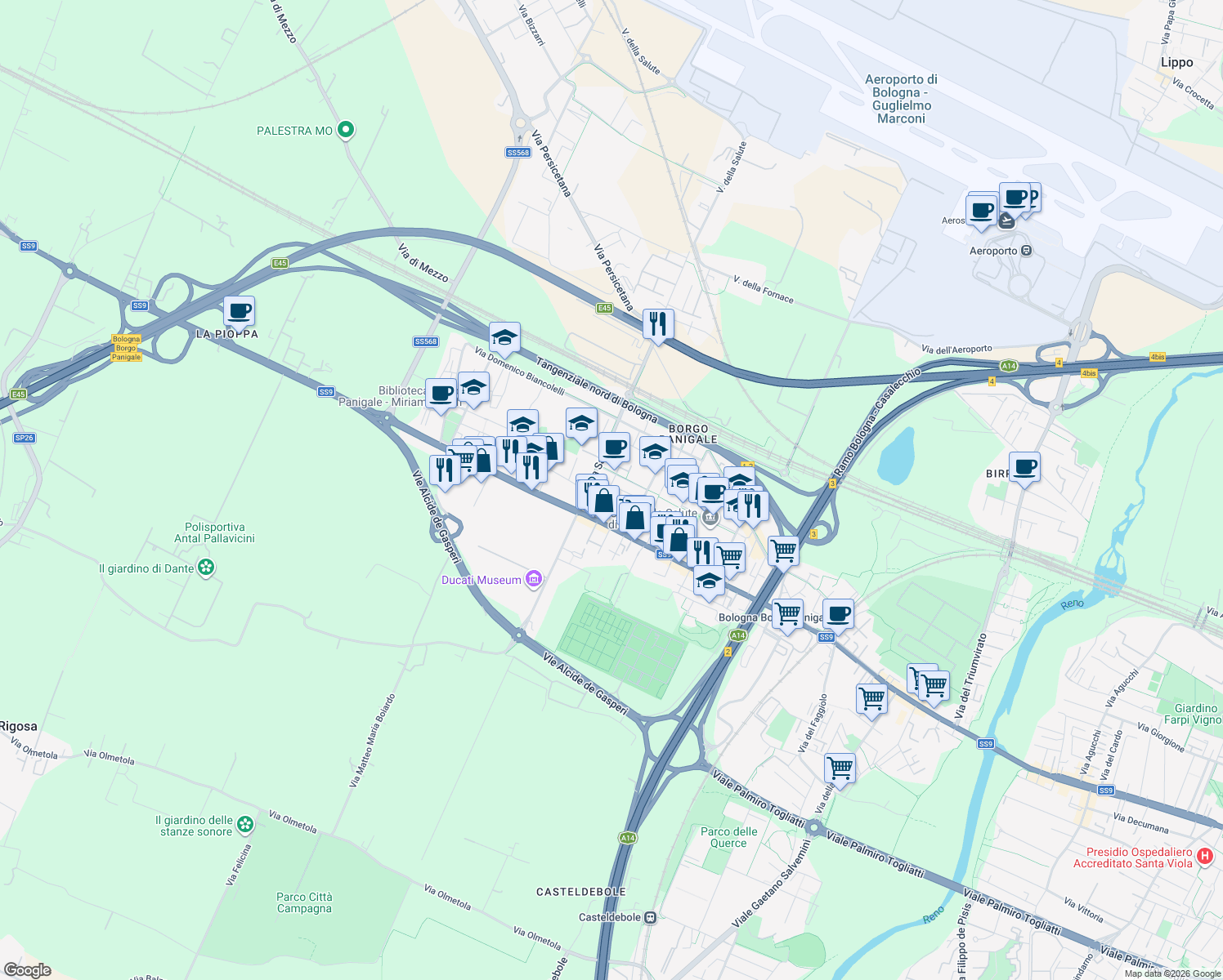 map of restaurants, bars, coffee shops, grocery stores, and more near 3 Via Francesco Magni in Bologna