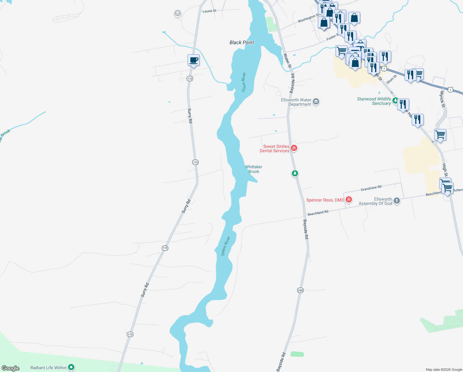 map of restaurants, bars, coffee shops, grocery stores, and more near 60 Riverside Lane in Ellsworth