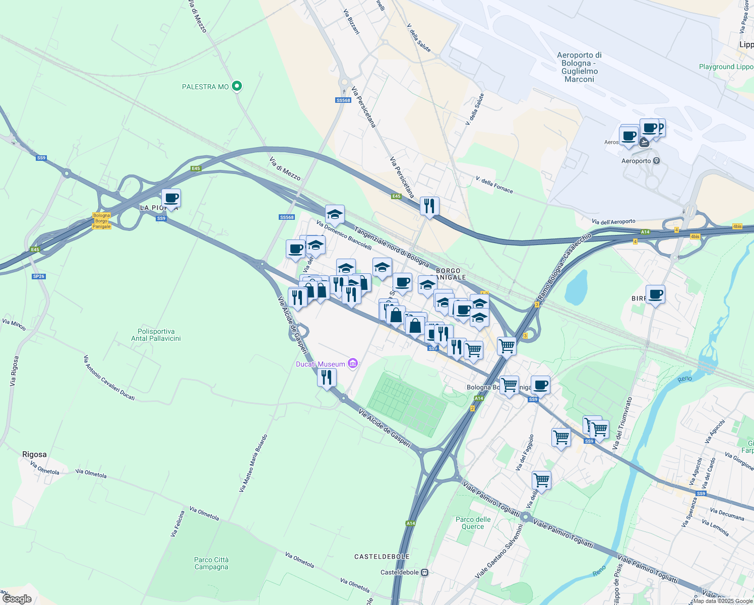 map of restaurants, bars, coffee shops, grocery stores, and more near 19 Via Martin Luther King in Bologna
