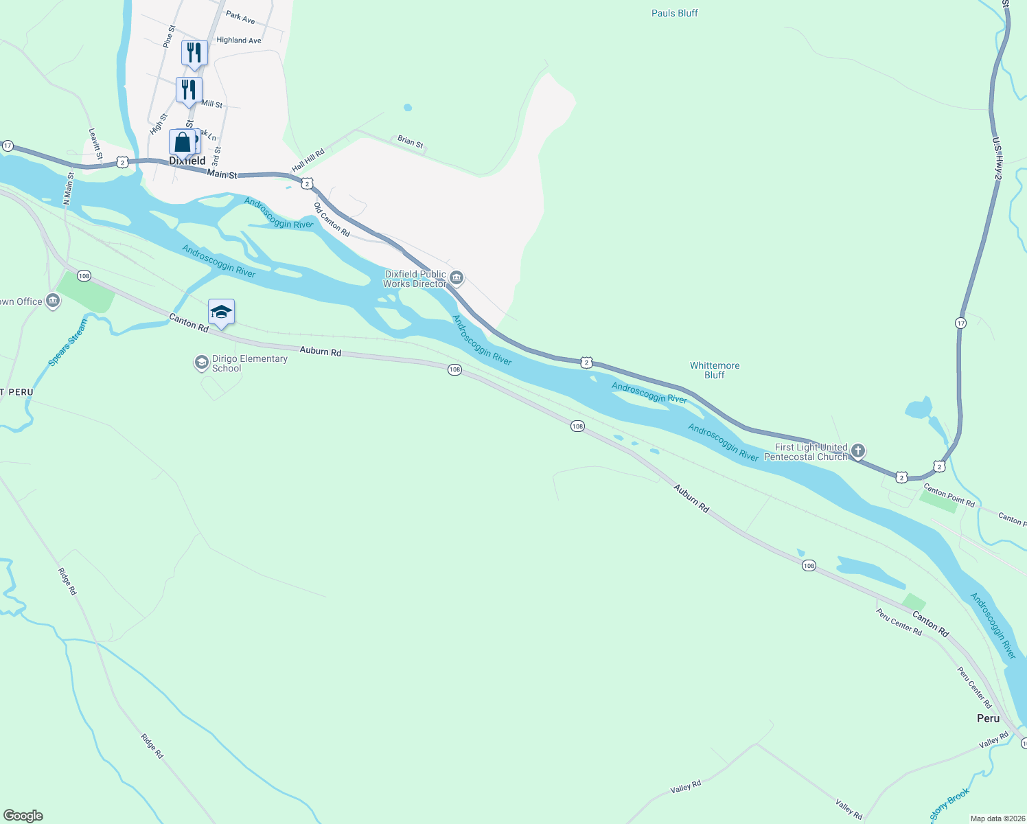 map of restaurants, bars, coffee shops, grocery stores, and more near 311 Auburn Road in Peru