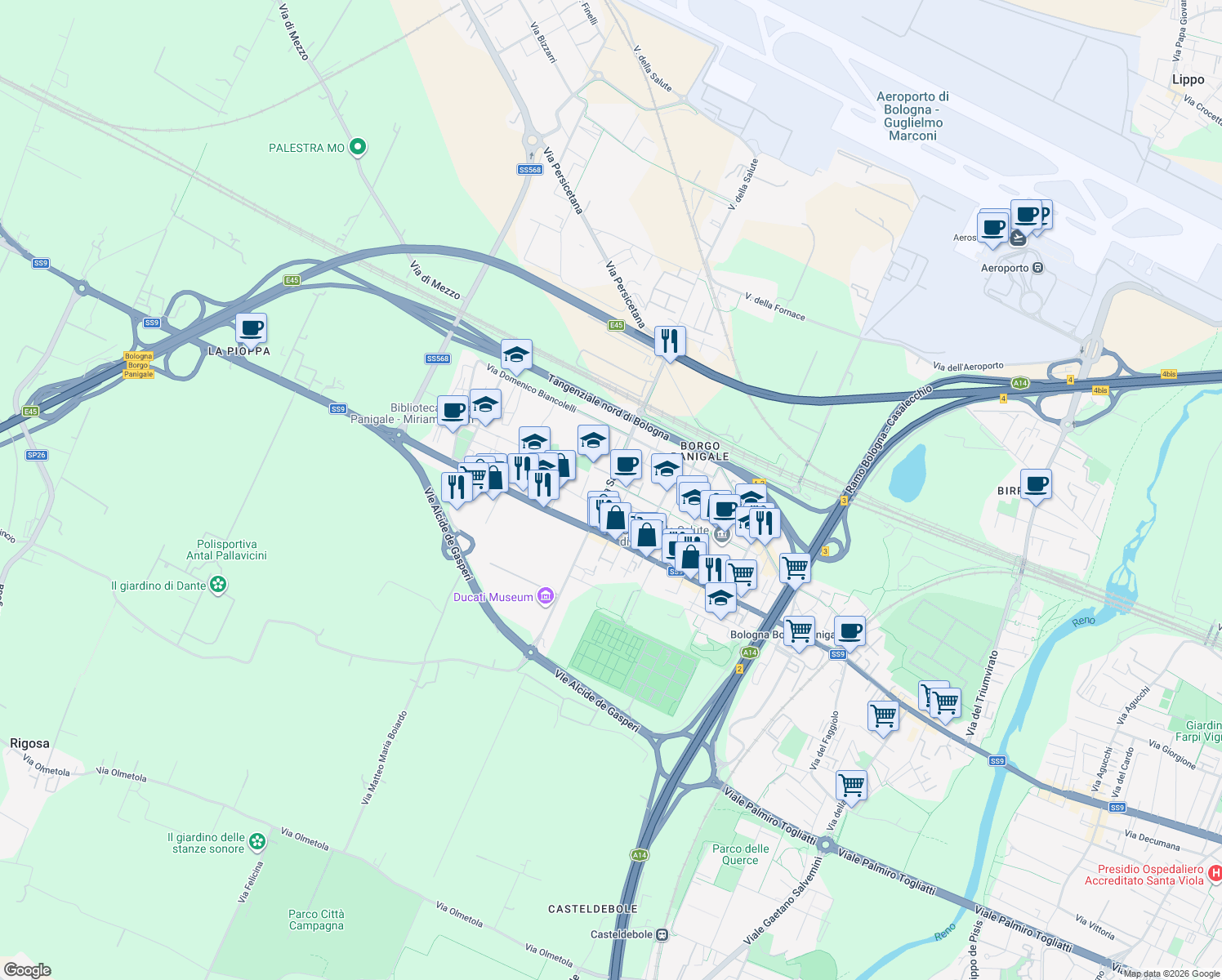 map of restaurants, bars, coffee shops, grocery stores, and more near 3 Via Francesco Magni in Bologna
