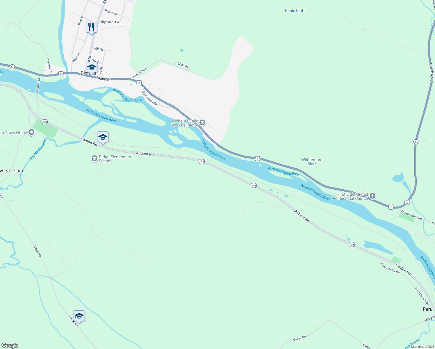 map of restaurants, bars, coffee shops, grocery stores, and more near 311 Auburn Road in Peru