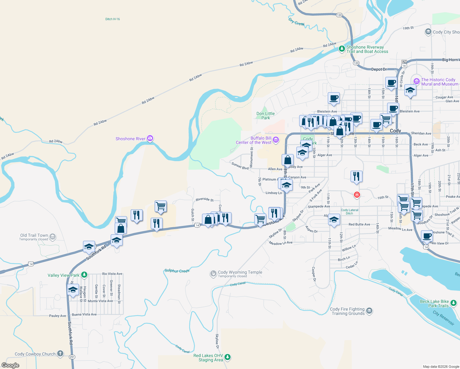 map of restaurants, bars, coffee shops, grocery stores, and more near 631 Conifer Ln in Cody