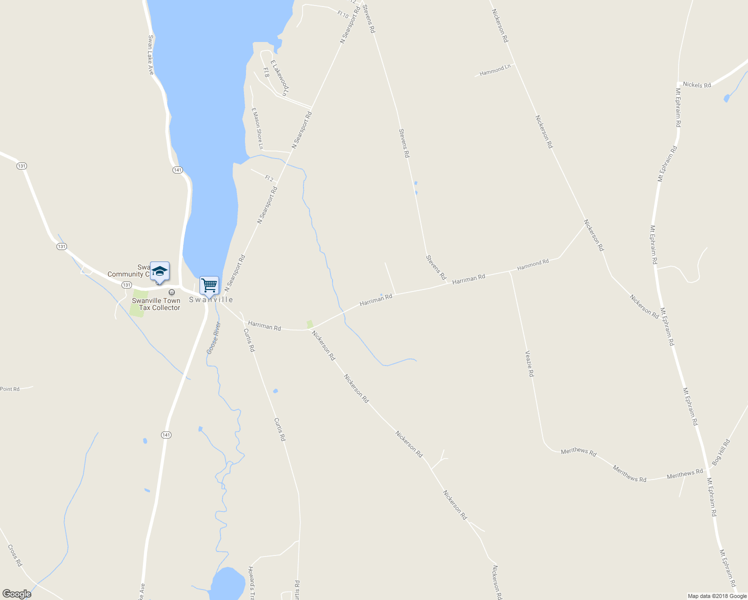 map of restaurants, bars, coffee shops, grocery stores, and more near 114 Harriman Road in Swanville