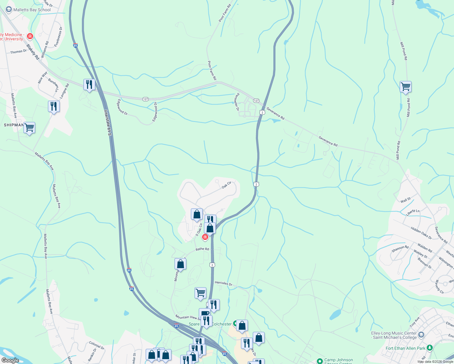 map of restaurants, bars, coffee shops, grocery stores, and more near 370 Oak Cir in Colchester