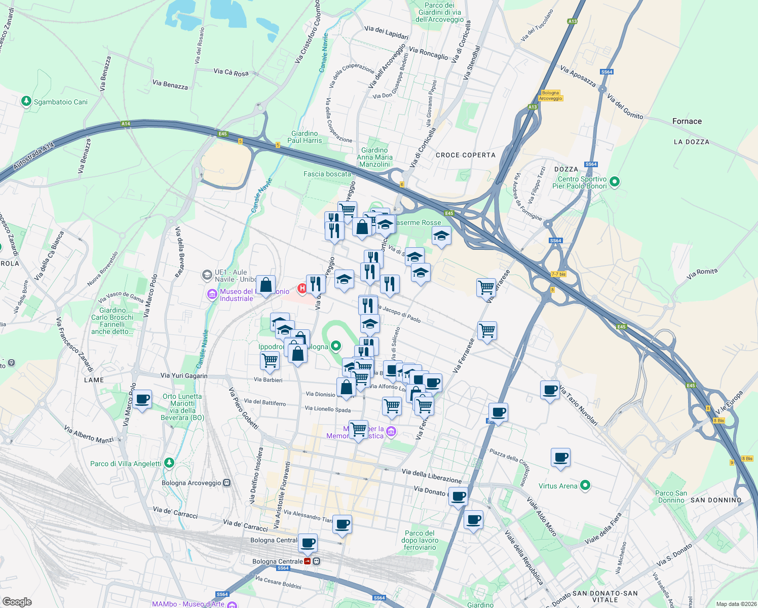 map of restaurants, bars, coffee shops, grocery stores, and more near 6 Via Jacopo di Paolo in Bologna