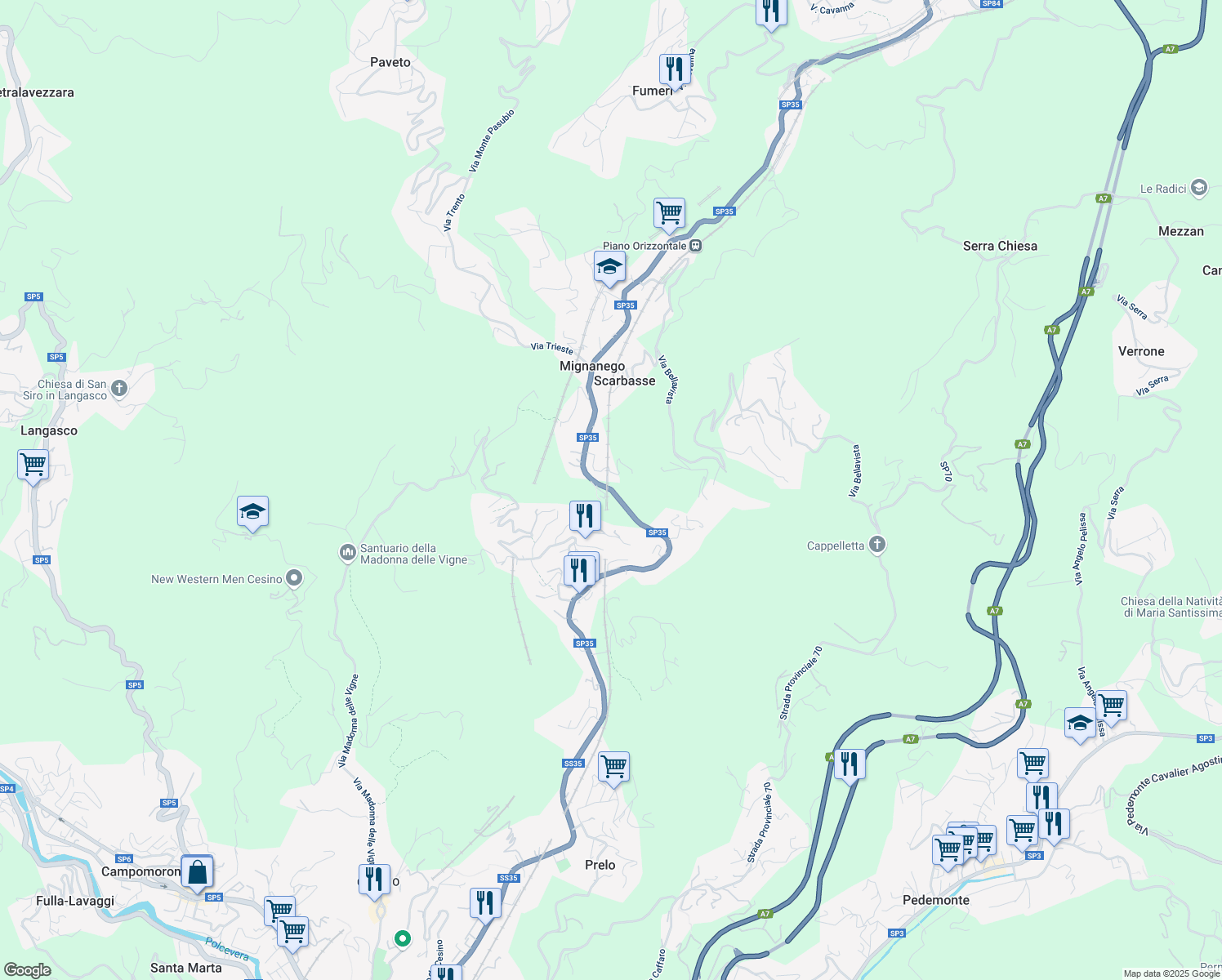 map of restaurants, bars, coffee shops, grocery stores, and more near Strada Statale 35 dei Giovi in Mignanego
