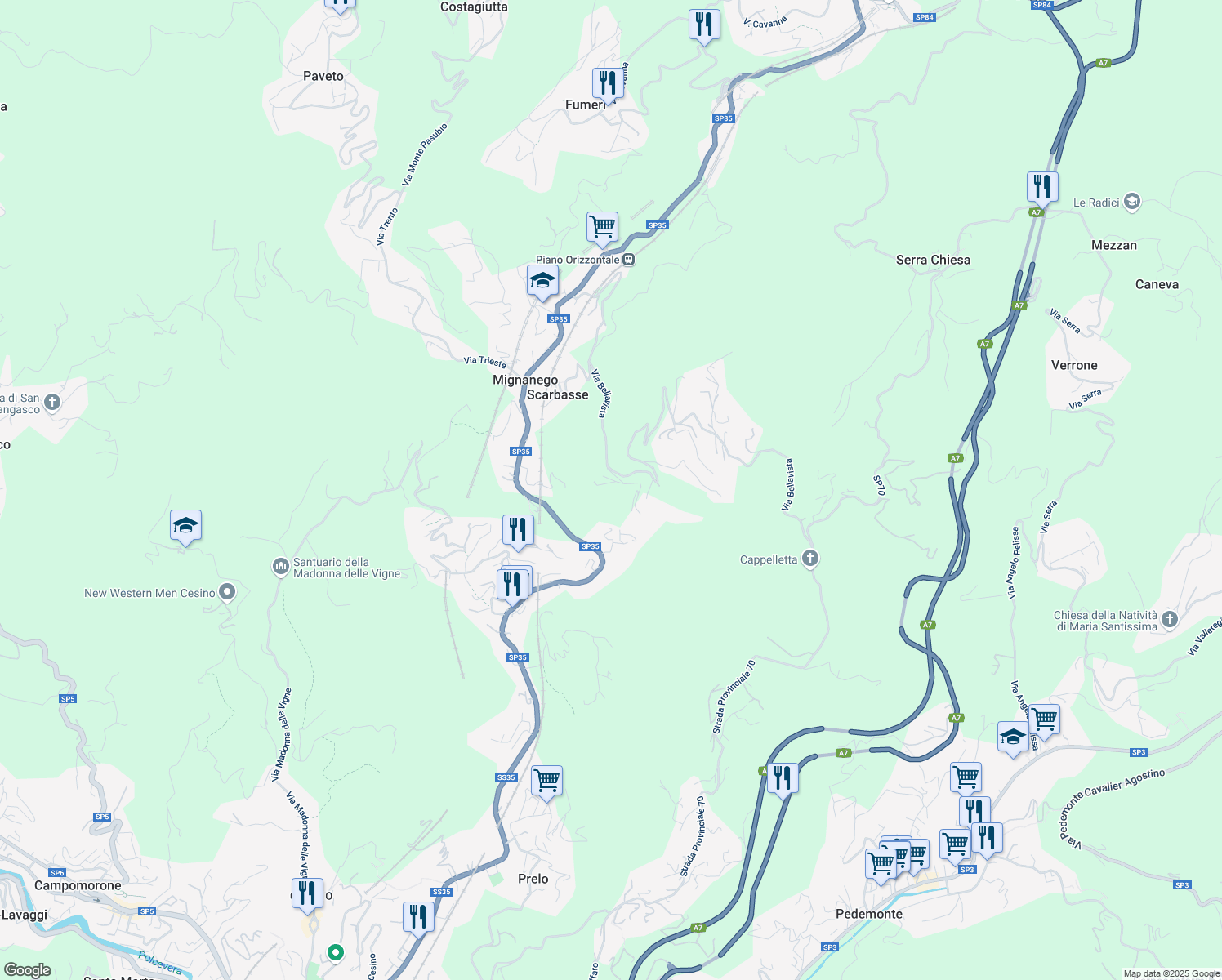 map of restaurants, bars, coffee shops, grocery stores, and more near 10A Via Bellavista in Città Metropolitana di Genova