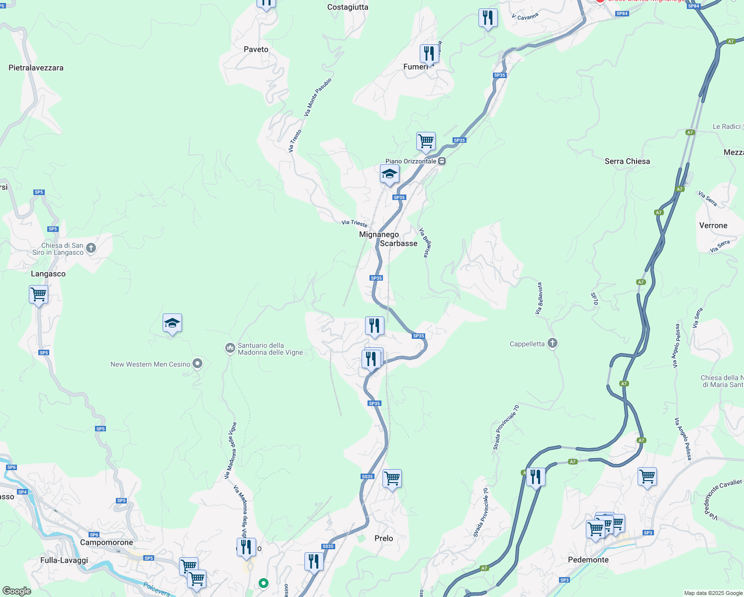 map of restaurants, bars, coffee shops, grocery stores, and more near 31 Via Alcide de Gasperi in Mignanego