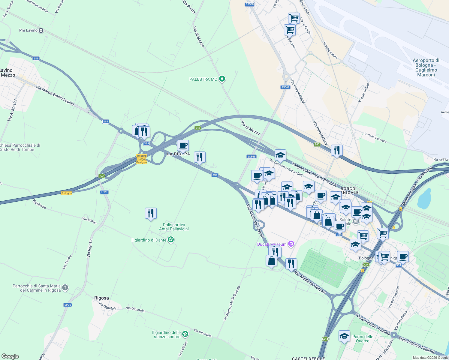 map of restaurants, bars, coffee shops, grocery stores, and more near 203/13 Via Marco Emilio Lepido in Bologna