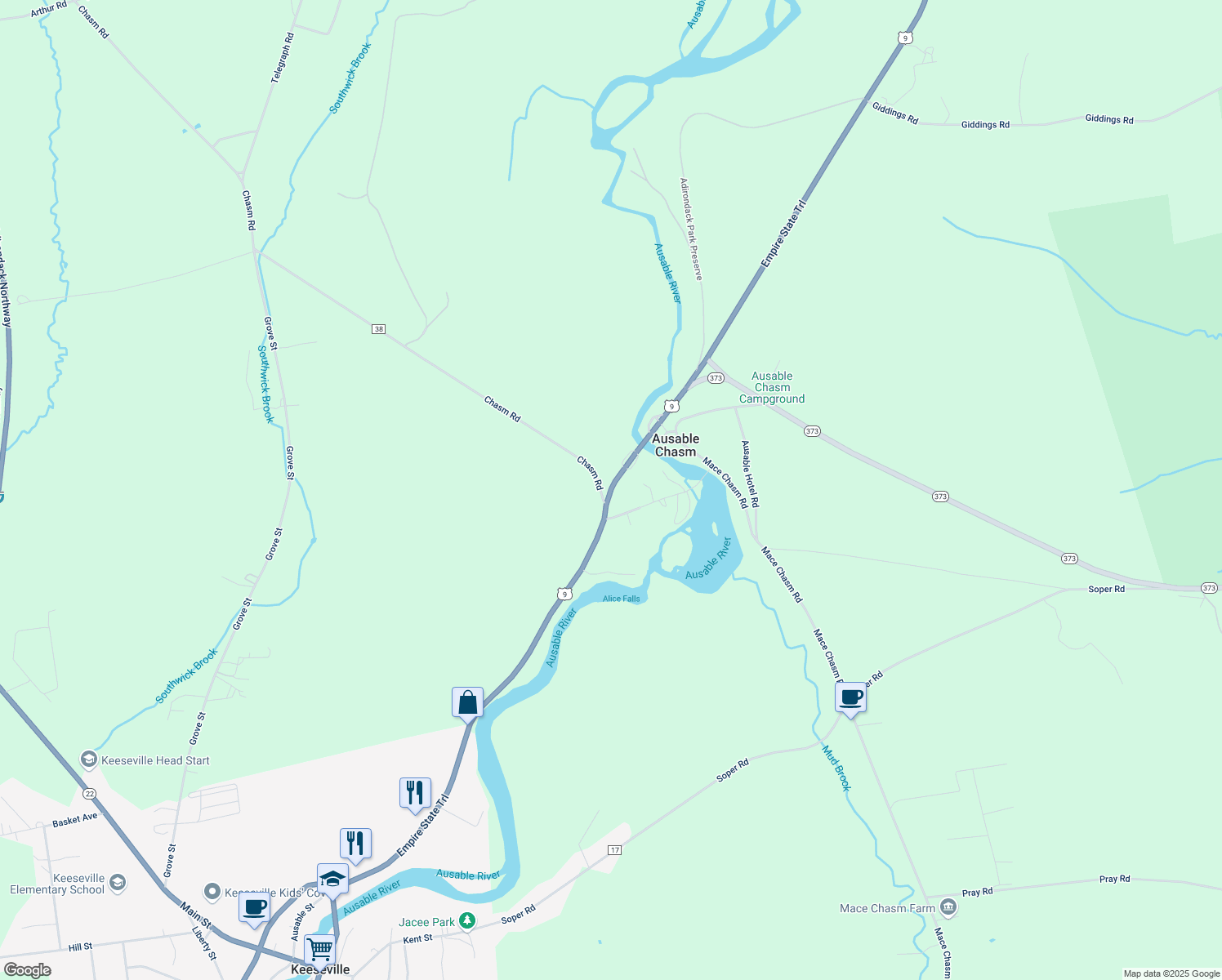 map of restaurants, bars, coffee shops, grocery stores, and more near New York State Bicycle Route 9 in Keeseville