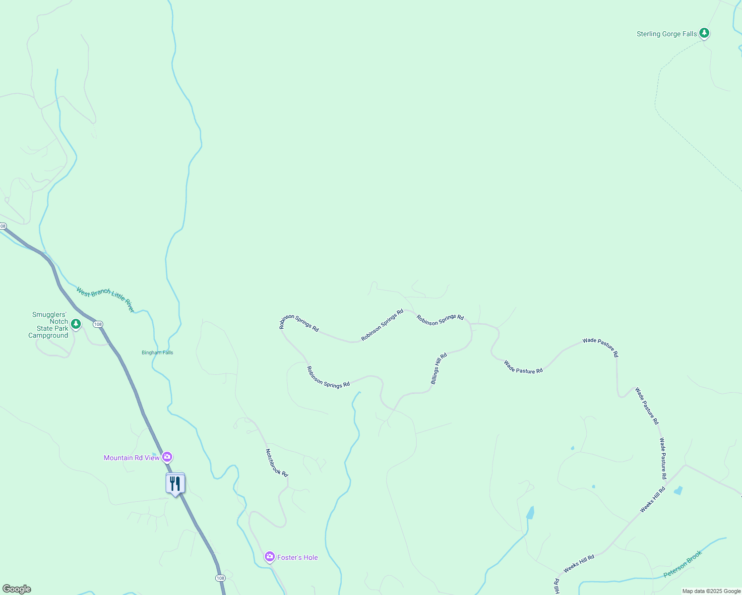 map of restaurants, bars, coffee shops, grocery stores, and more near 189 Upper Springs Road in Stowe