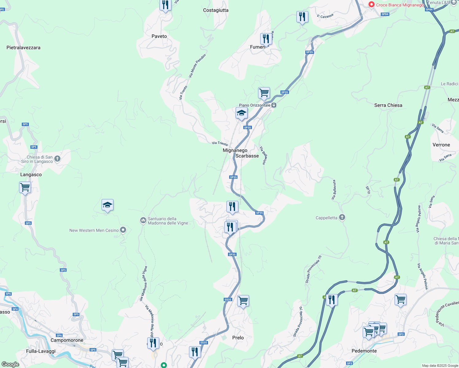 map of restaurants, bars, coffee shops, grocery stores, and more near 31 Via Alcide de Gasperi in Mignanego