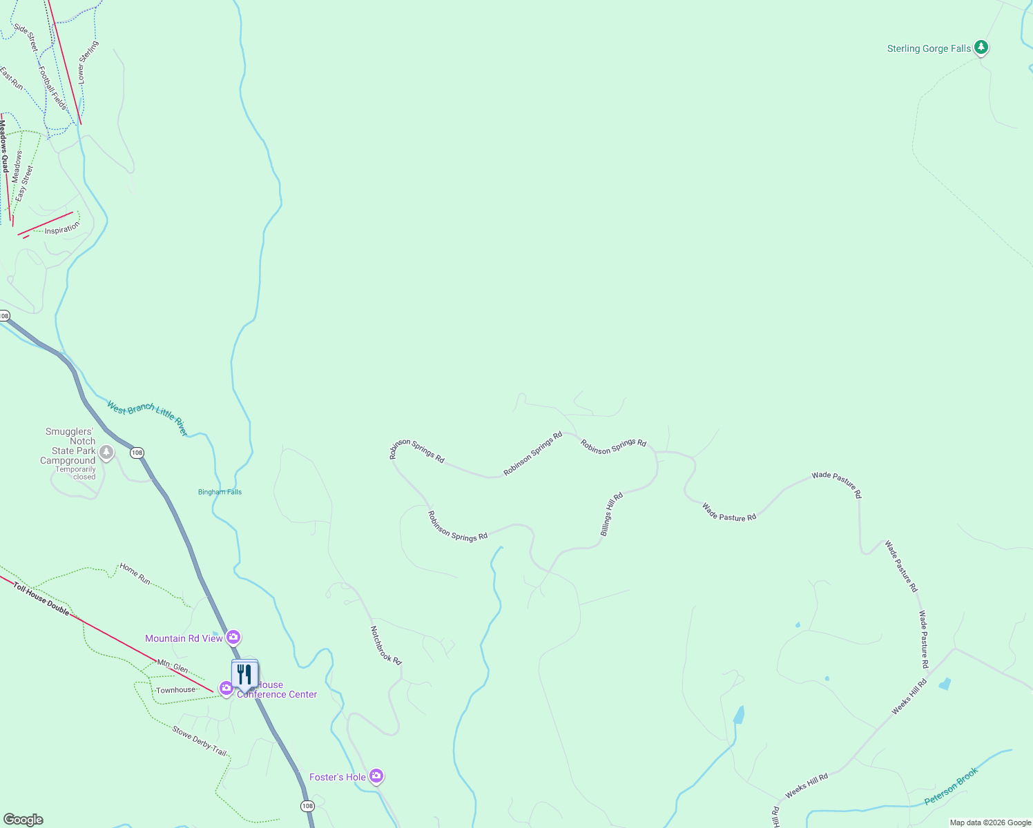 map of restaurants, bars, coffee shops, grocery stores, and more near 189 Upper Springs Road in Stowe