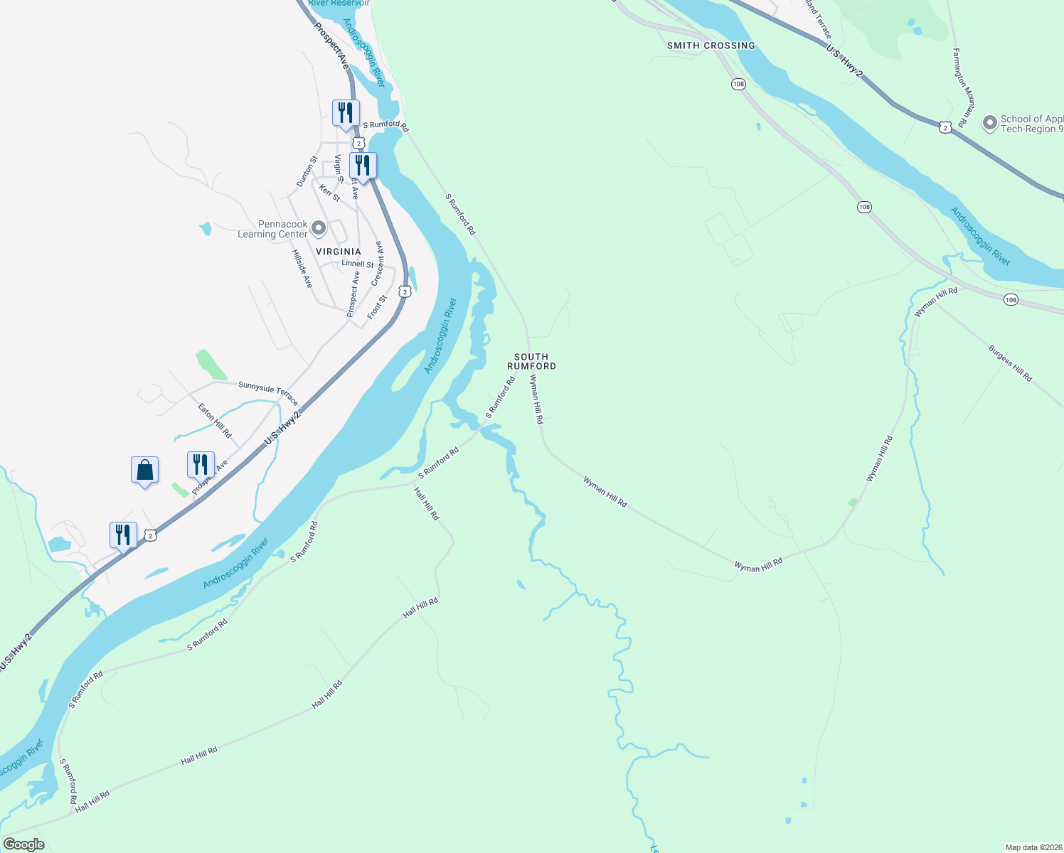map of restaurants, bars, coffee shops, grocery stores, and more near 24 Wyman Hill Road in Rumford