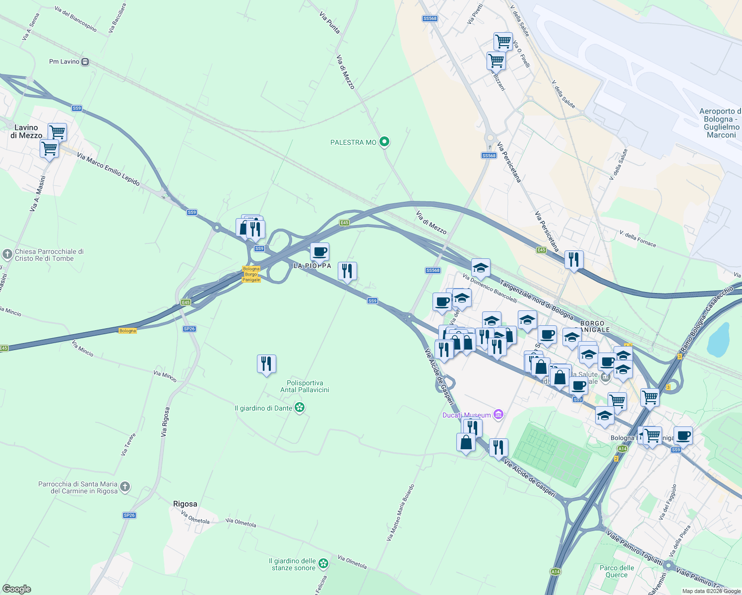map of restaurants, bars, coffee shops, grocery stores, and more near 203/13 Via Marco Emilio Lepido in Bologna