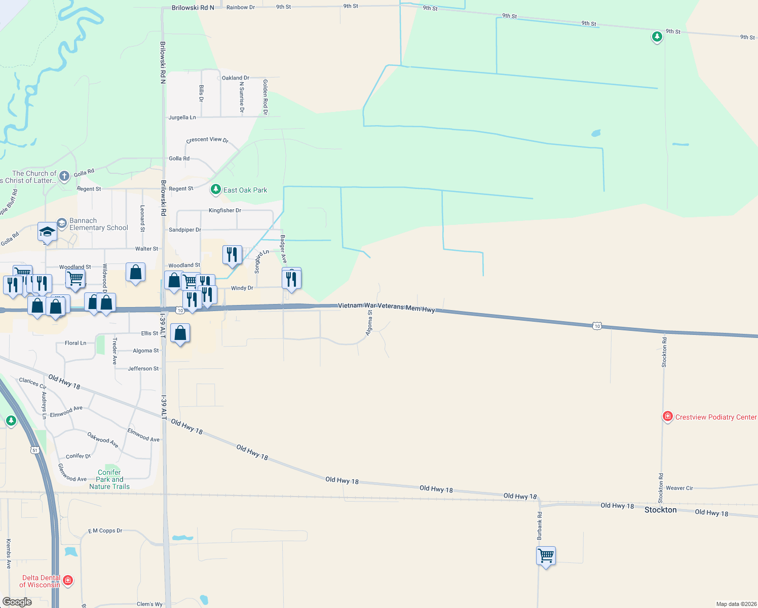 map of restaurants, bars, coffee shops, grocery stores, and more near 5972 U.S. 10 in Stevens Point