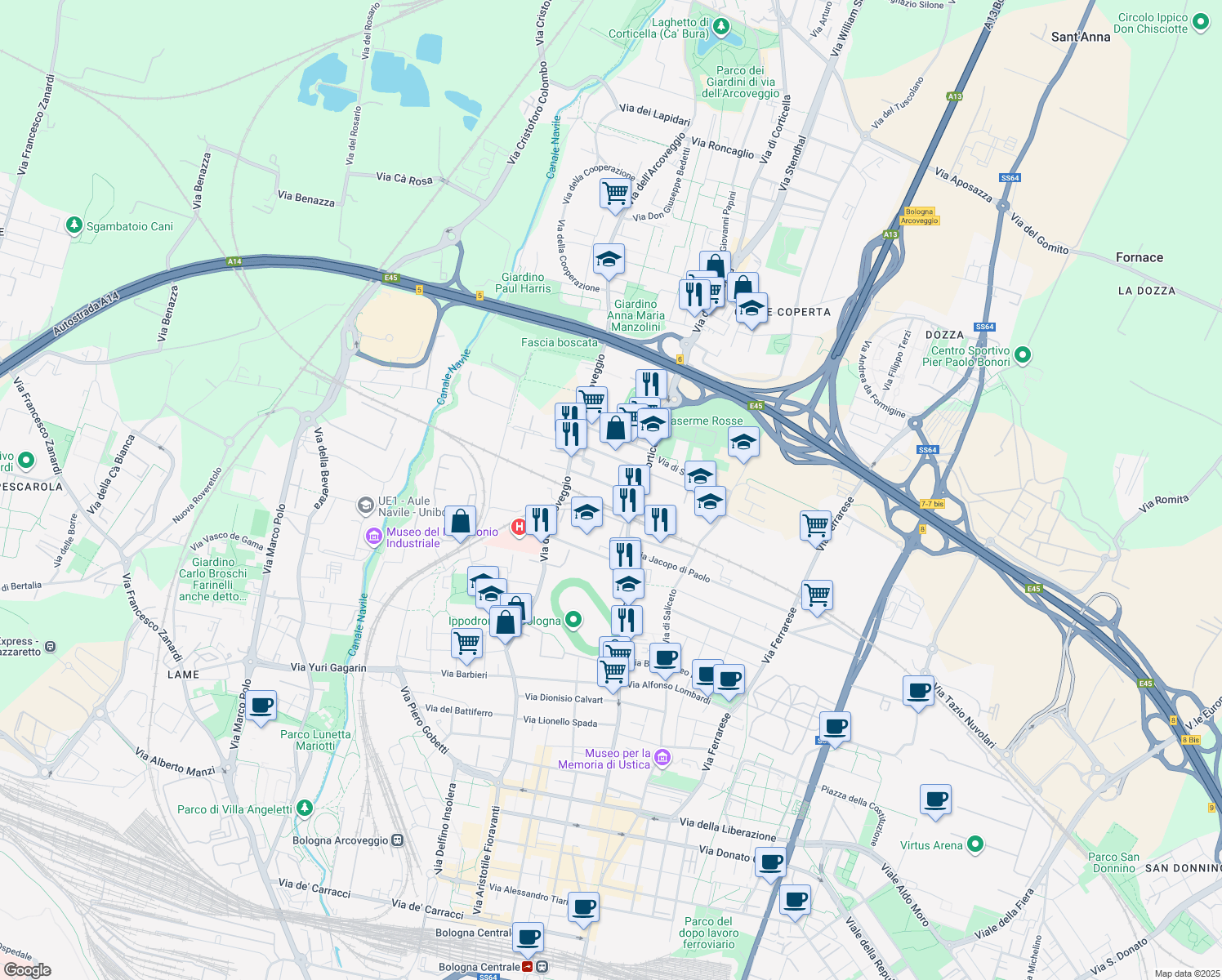 map of restaurants, bars, coffee shops, grocery stores, and more near 9 Via Francesca Edera de Giovanni in Bologna