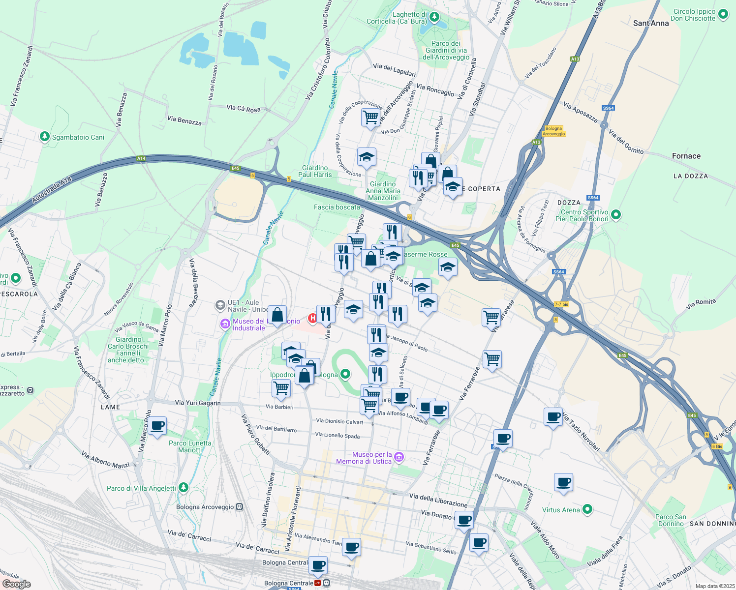 map of restaurants, bars, coffee shops, grocery stores, and more near 9 Via Francesca Edera de Giovanni in Bologna