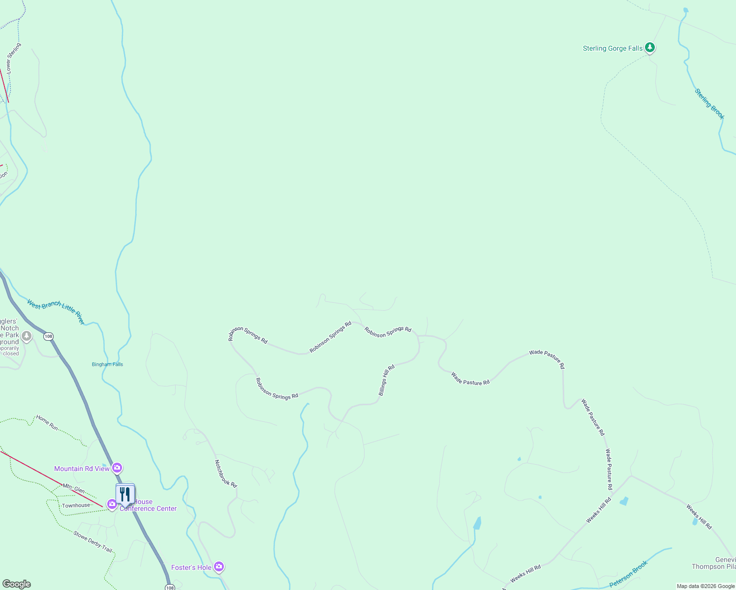 map of restaurants, bars, coffee shops, grocery stores, and more near 54 Upper Springs Road in Stowe
