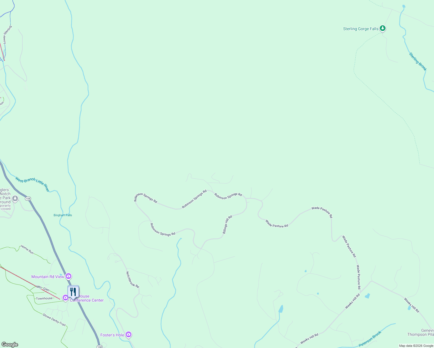 map of restaurants, bars, coffee shops, grocery stores, and more near 54 Upper Springs Road in Stowe
