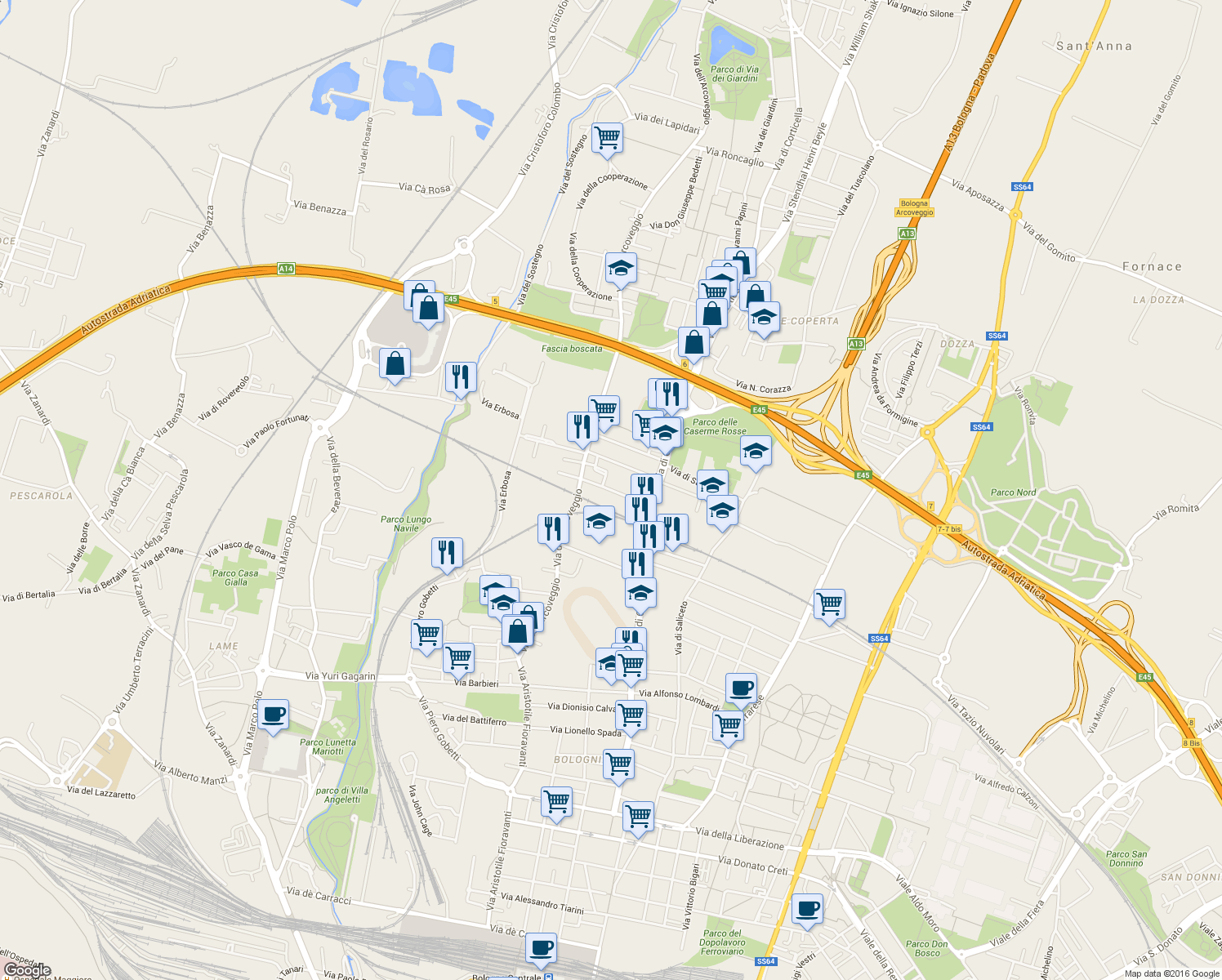 map of restaurants, bars, coffee shops, grocery stores, and more near 45 Via Francesca Edera de Giovanni in Bologna