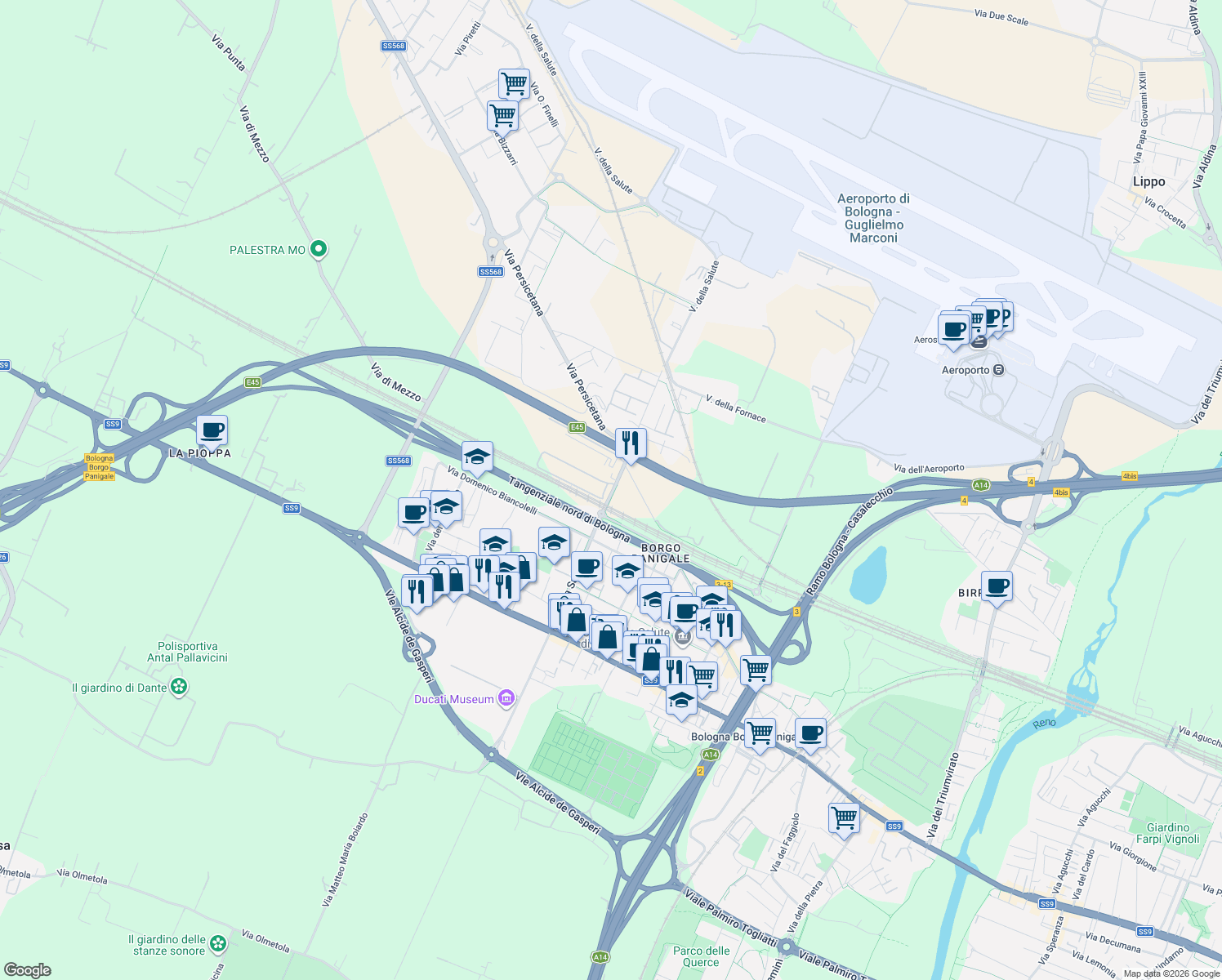 map of restaurants, bars, coffee shops, grocery stores, and more near 6 Via della Salute in Bologna