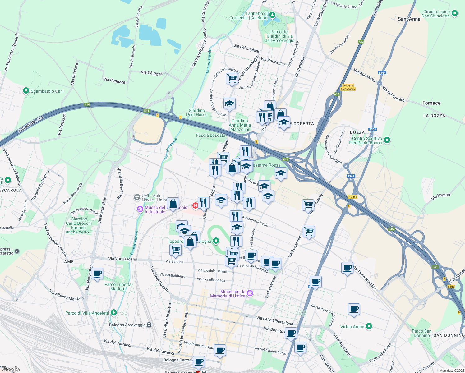 map of restaurants, bars, coffee shops, grocery stores, and more near 9 Via Francesca Edera de Giovanni in Bologna