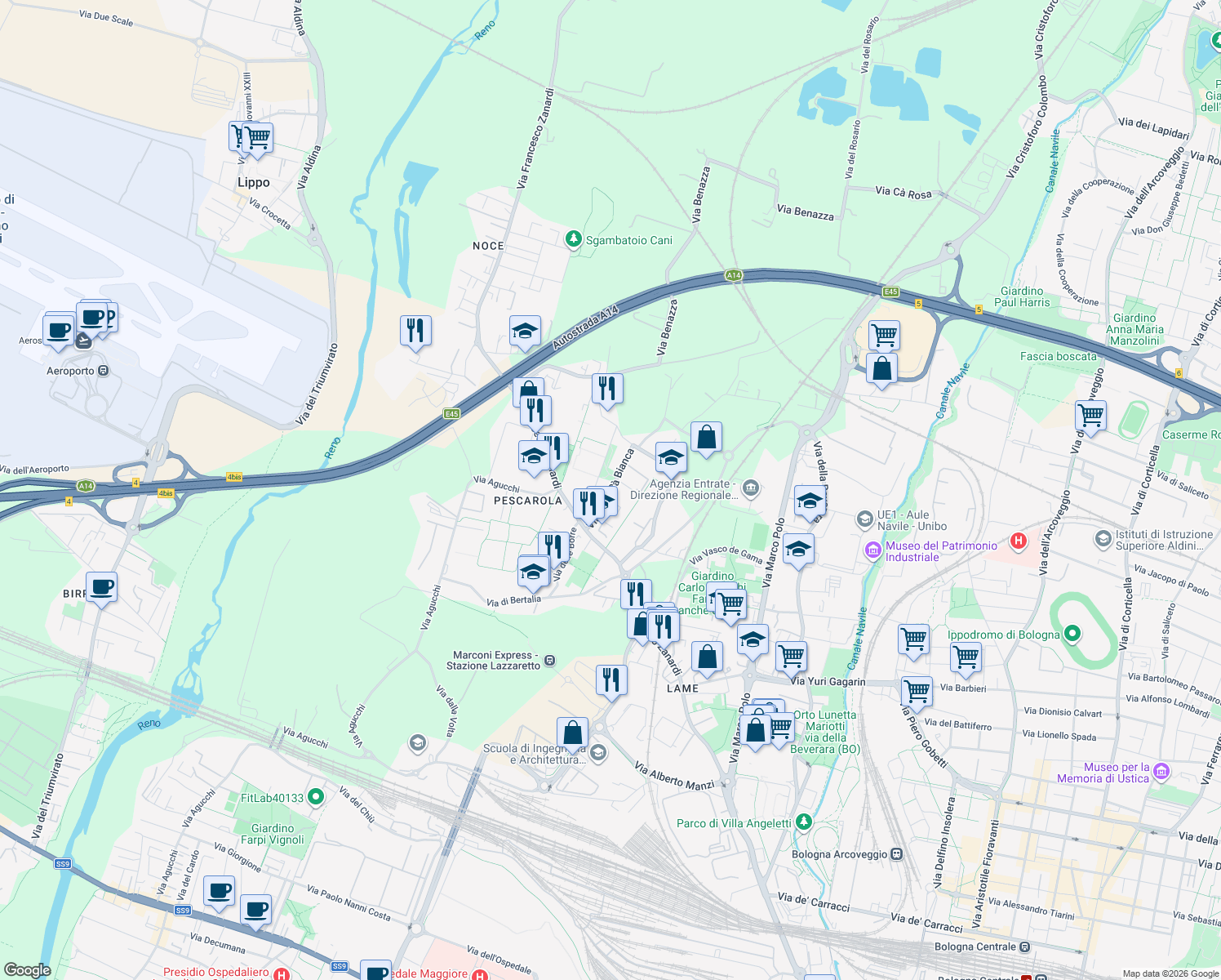 map of restaurants, bars, coffee shops, grocery stores, and more near 34-38 Via Molino di Pescarola in Bologna