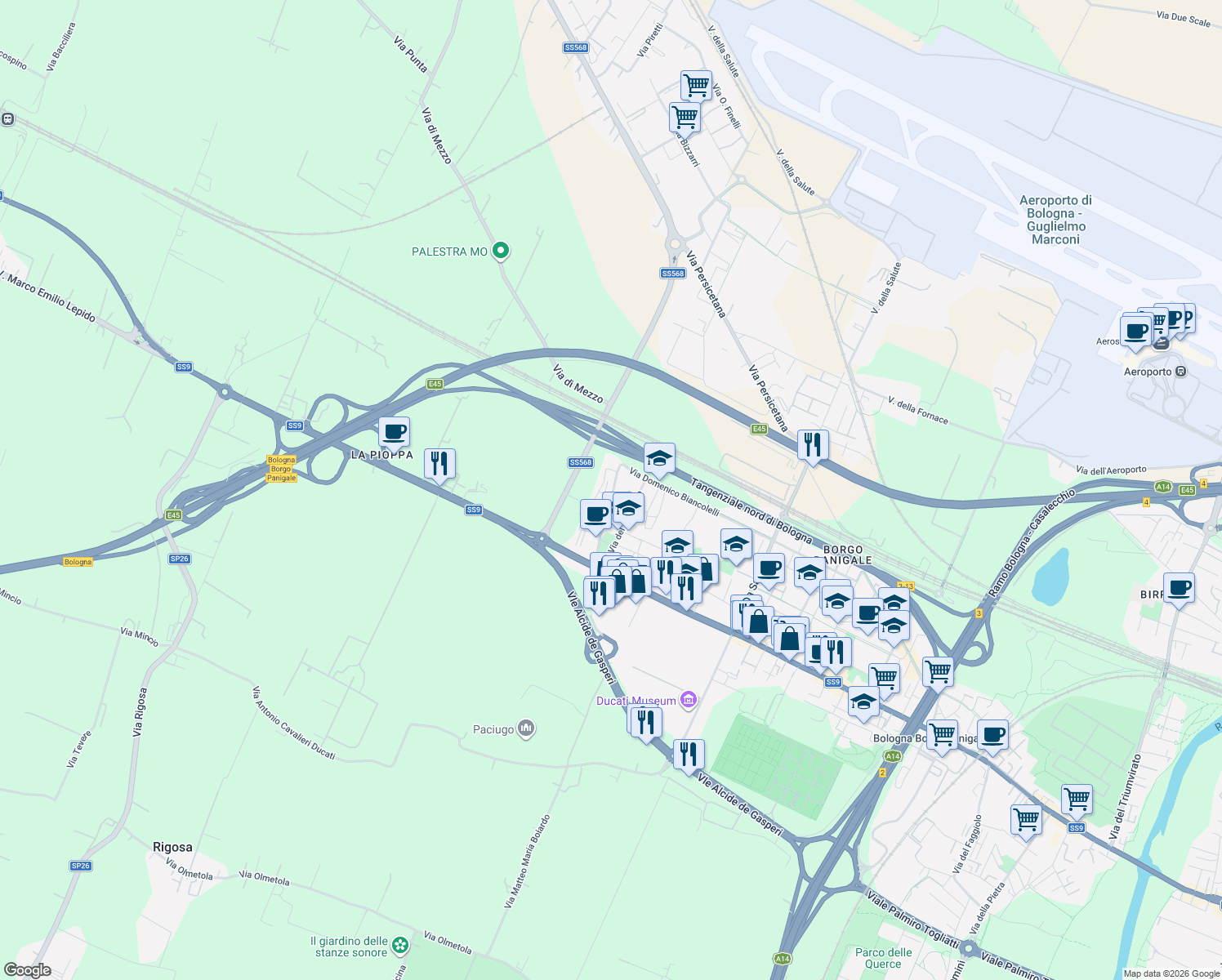 map of restaurants, bars, coffee shops, grocery stores, and more near 143 Via Normandia in Bologna