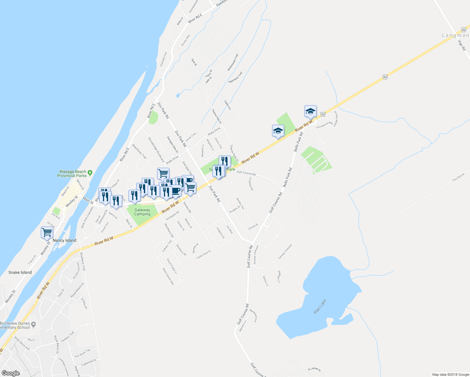 map of restaurants, bars, coffee shops, grocery stores, and more near 37 Wesley Avenue in Wasaga Beach