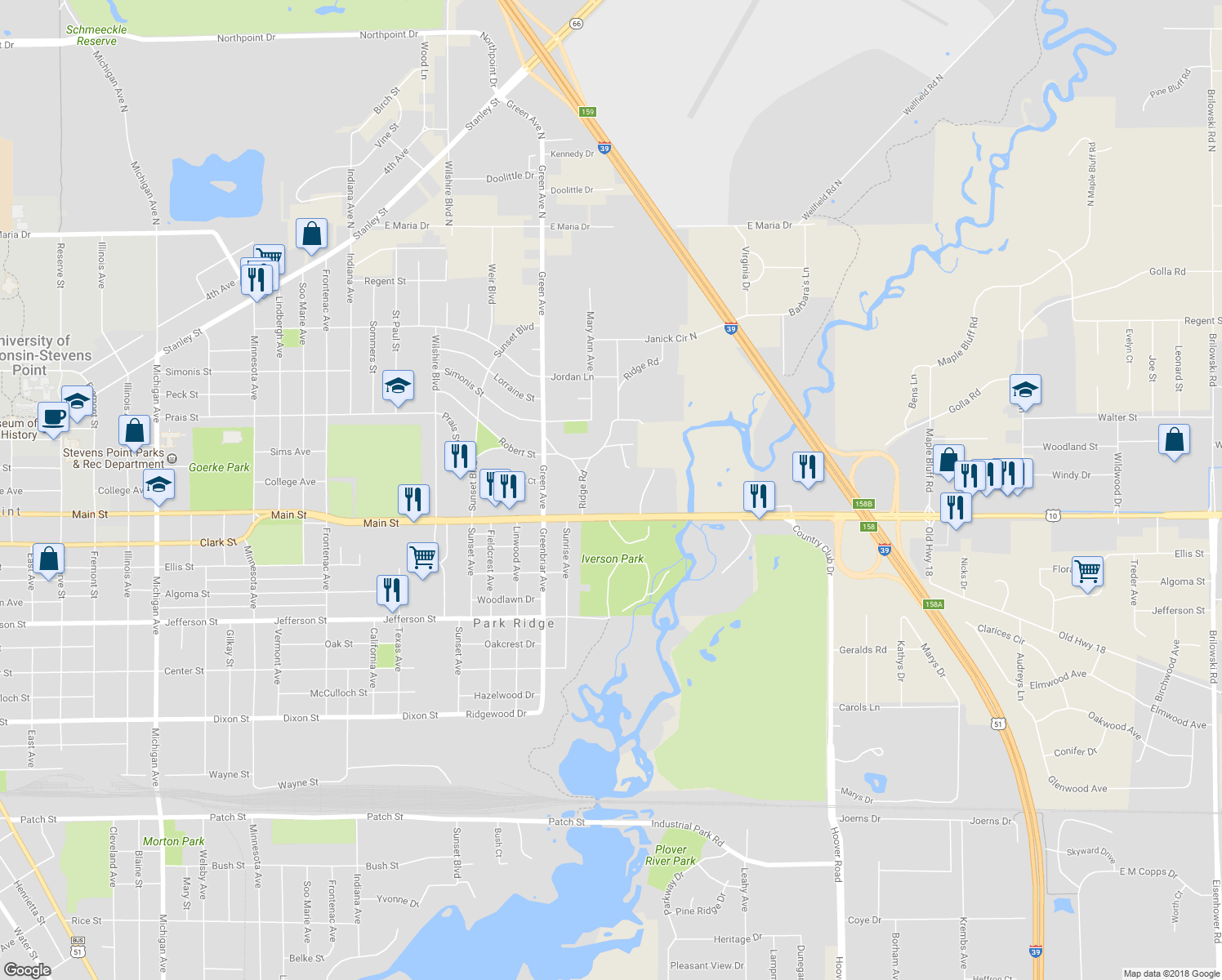 map of restaurants, bars, coffee shops, grocery stores, and more near 1177 Ridge Road in Stevens Point