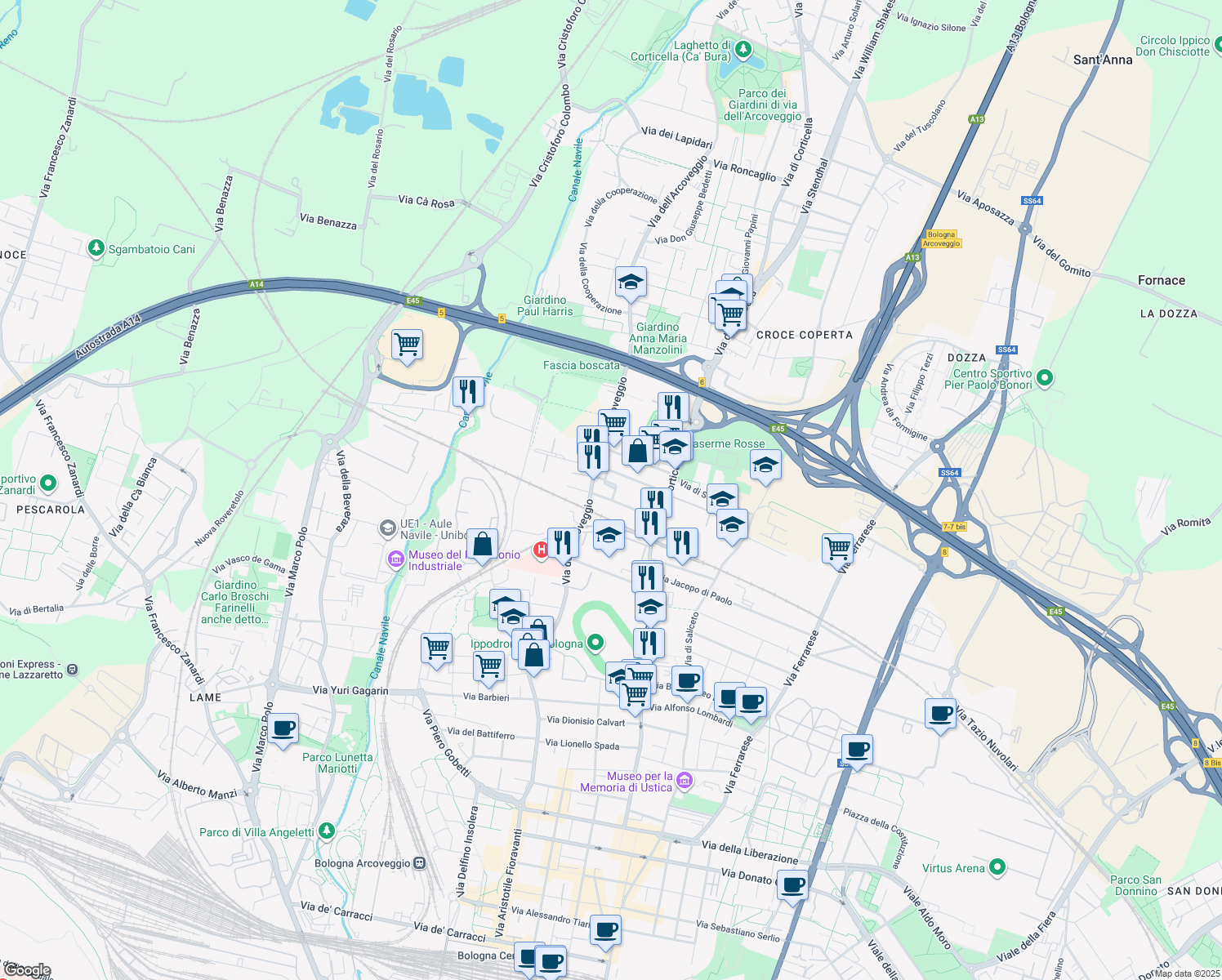 map of restaurants, bars, coffee shops, grocery stores, and more near 45 Via Francesca Edera de Giovanni in Bologna